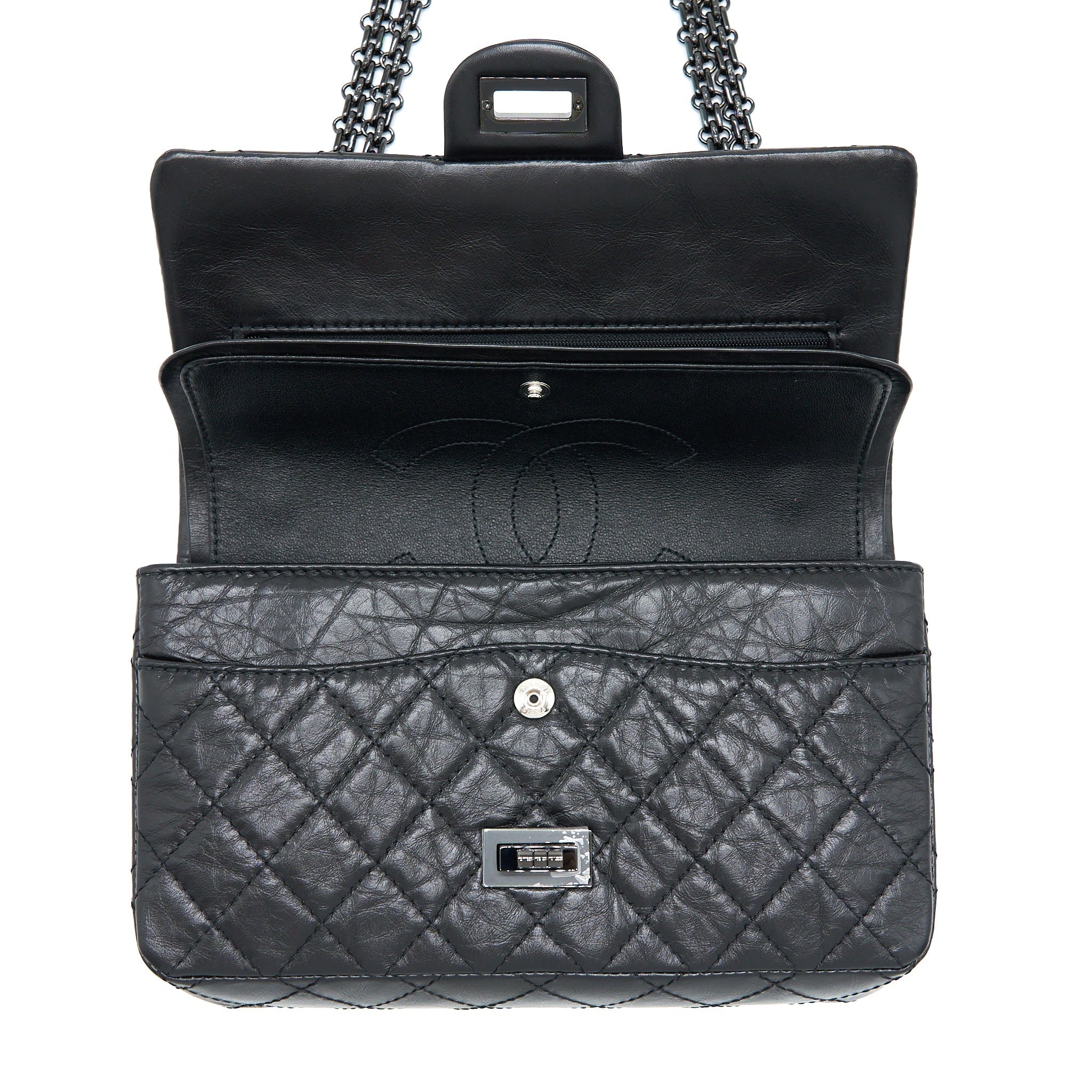 CHANEL SMALL 2.55 REISSUE FLAP BAG AGED CALFSKIN SO BLACK WITH BLACK HARDWARE (MICROCHIP)