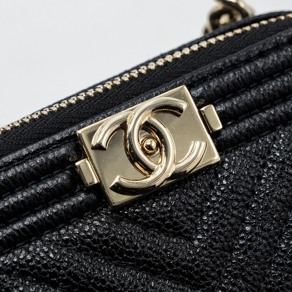 CHANEL BOY ZIPPER CARD HOLDER WITH CHAIN CAVIAR BLACK LGHW