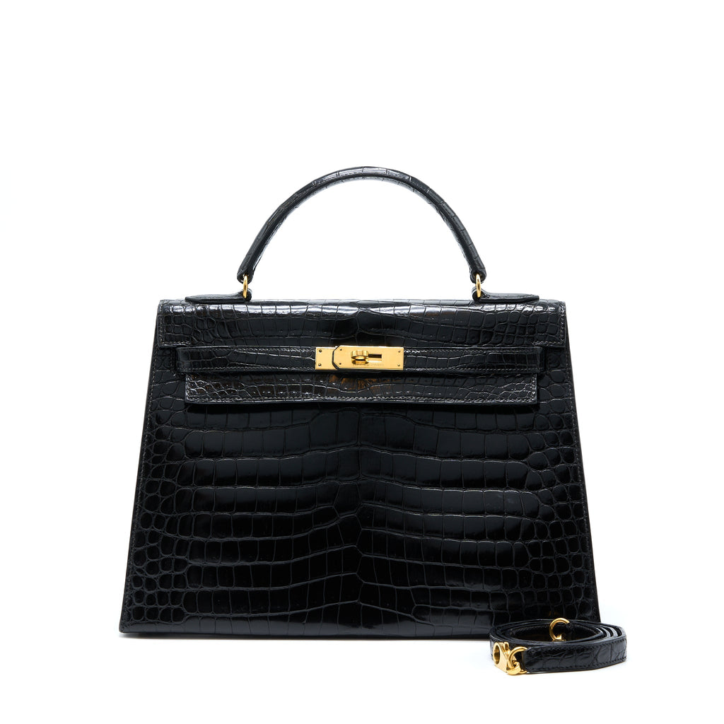 HERMES VINTAGE KELLY 32 SHINY CROCODILE POROSUS BLACK GHW
