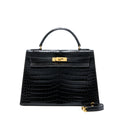 HERMES VINTAGE KELLY 32 SHINY CROCODILE POROSUS BLACK GHW