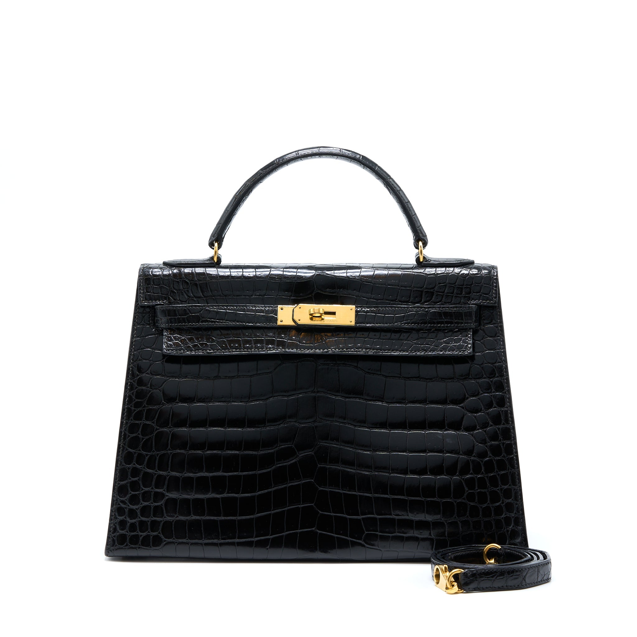 HERMES VINTAGE KELLY 32 SHINY CROCODILE POROSUS BLACK GHW