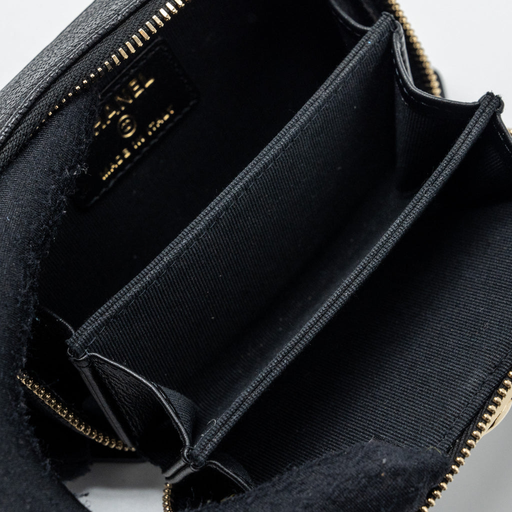CHANEL BOY ZIPPER CARD HOLDER WITH CHAIN CAVIAR BLACK LGHW