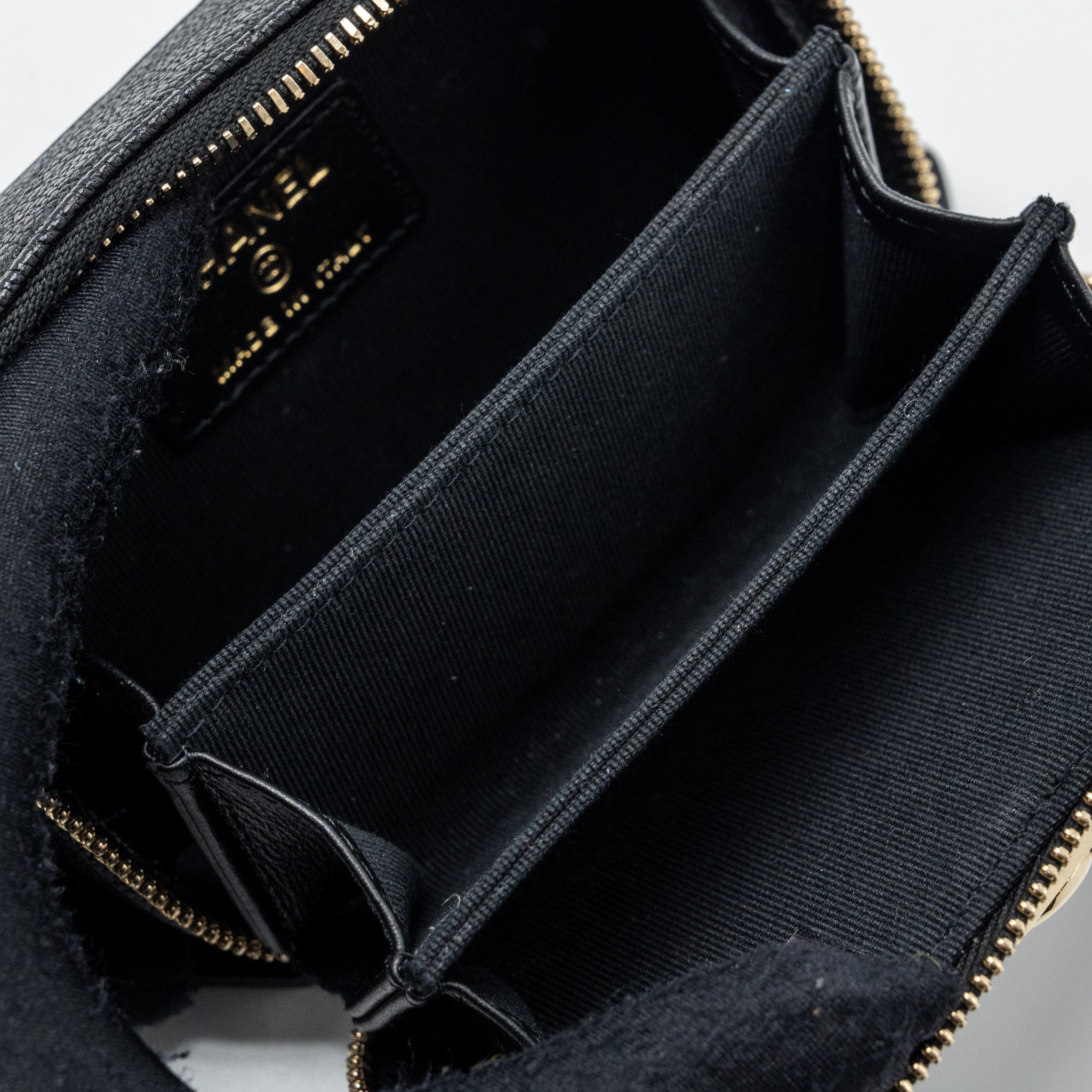 CHANEL BOY ZIPPER CARD HOLDER WITH CHAIN CAVIAR BLACK LGHW