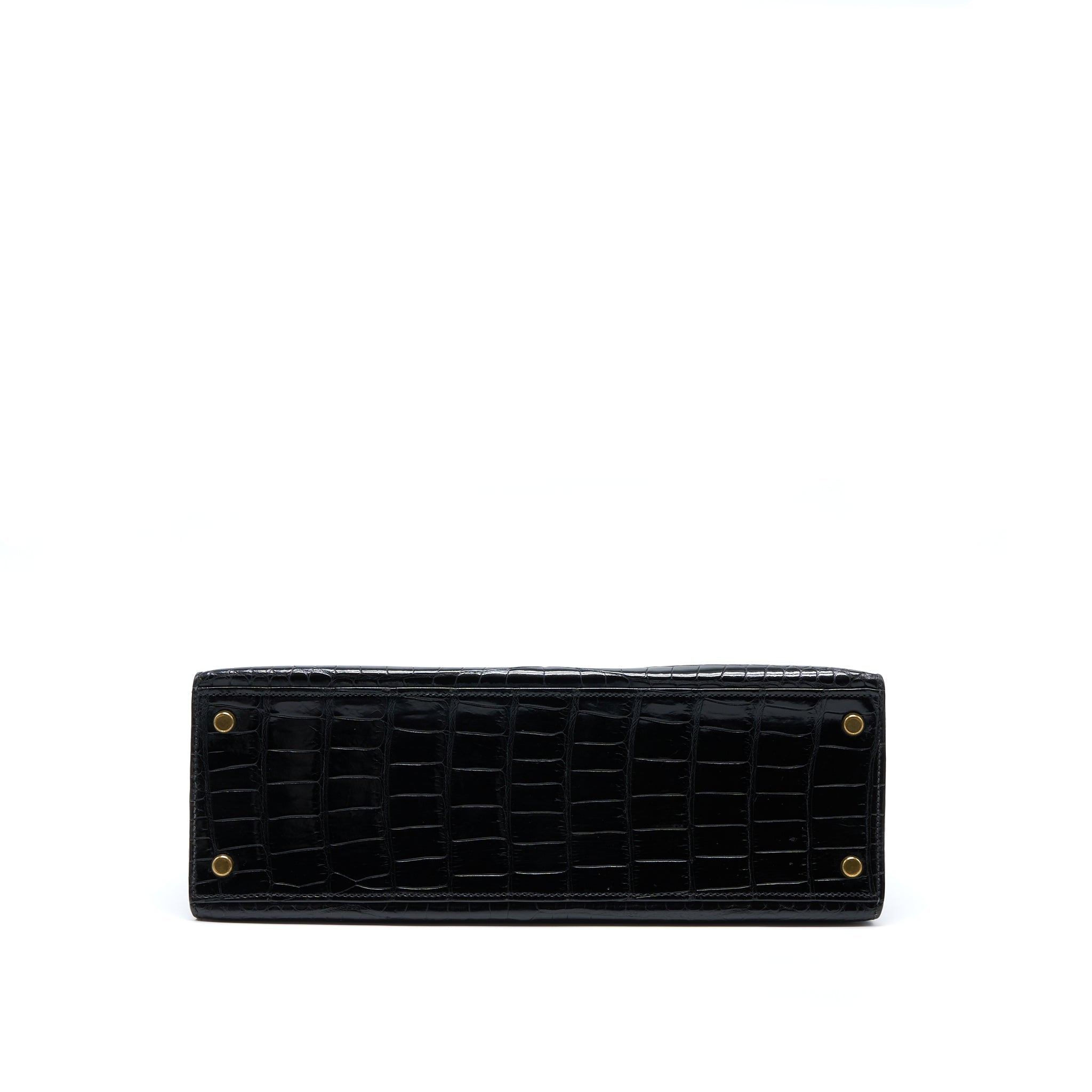 HERMES VINTAGE KELLY 32 SHINY CROCODILE POROSUS BLACK GHW
