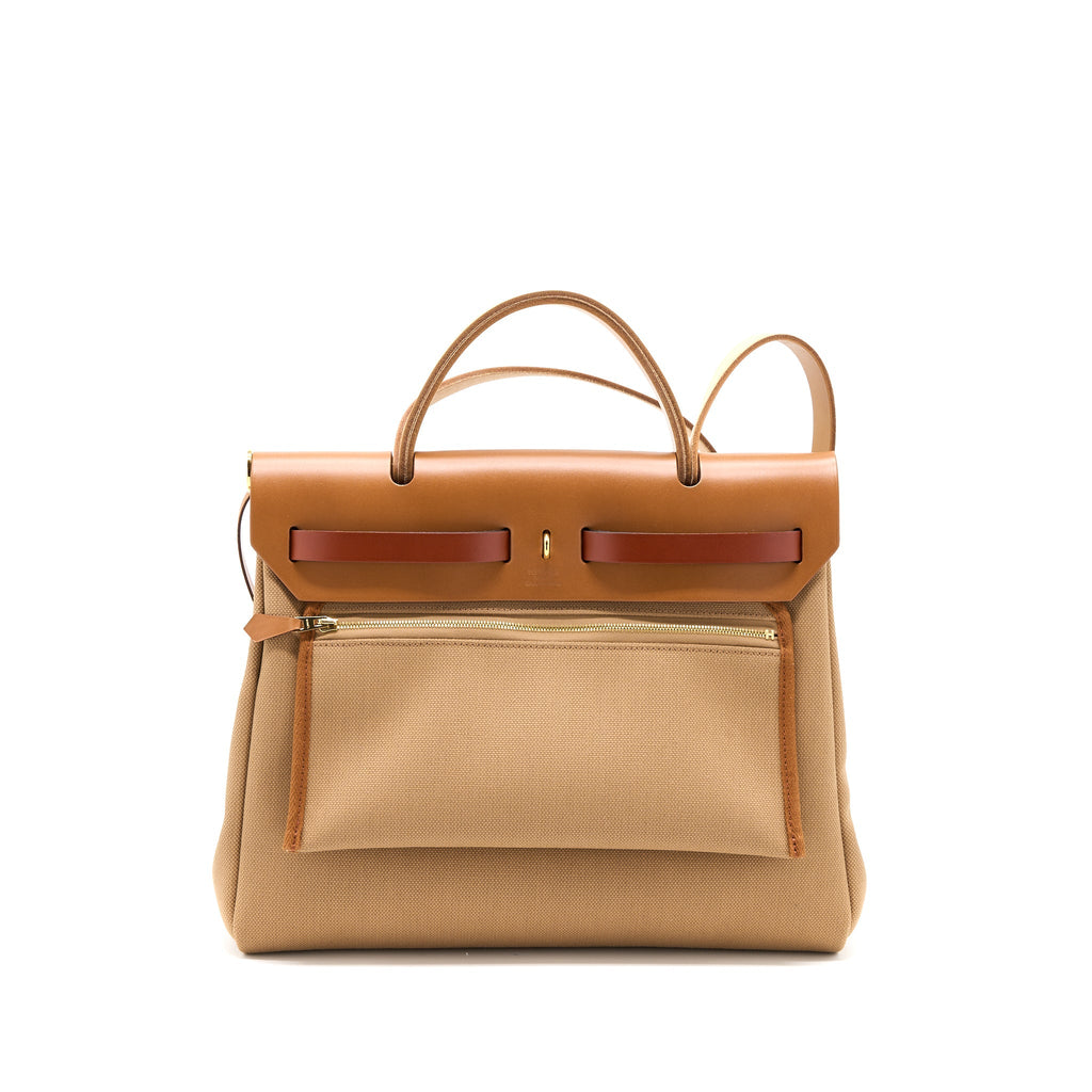 HERMES HERBAG 31 ZIP BAG CANVAS/ HUNTER CHAI/ NATU SABLE/FAUVE/CUIVRE GHW