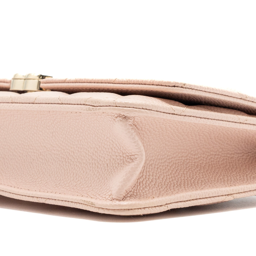 CHANEL ENAMEL LOGO QUILTED WALLET ON CHAIN CAVIAR LIGHT PINK LGHW
