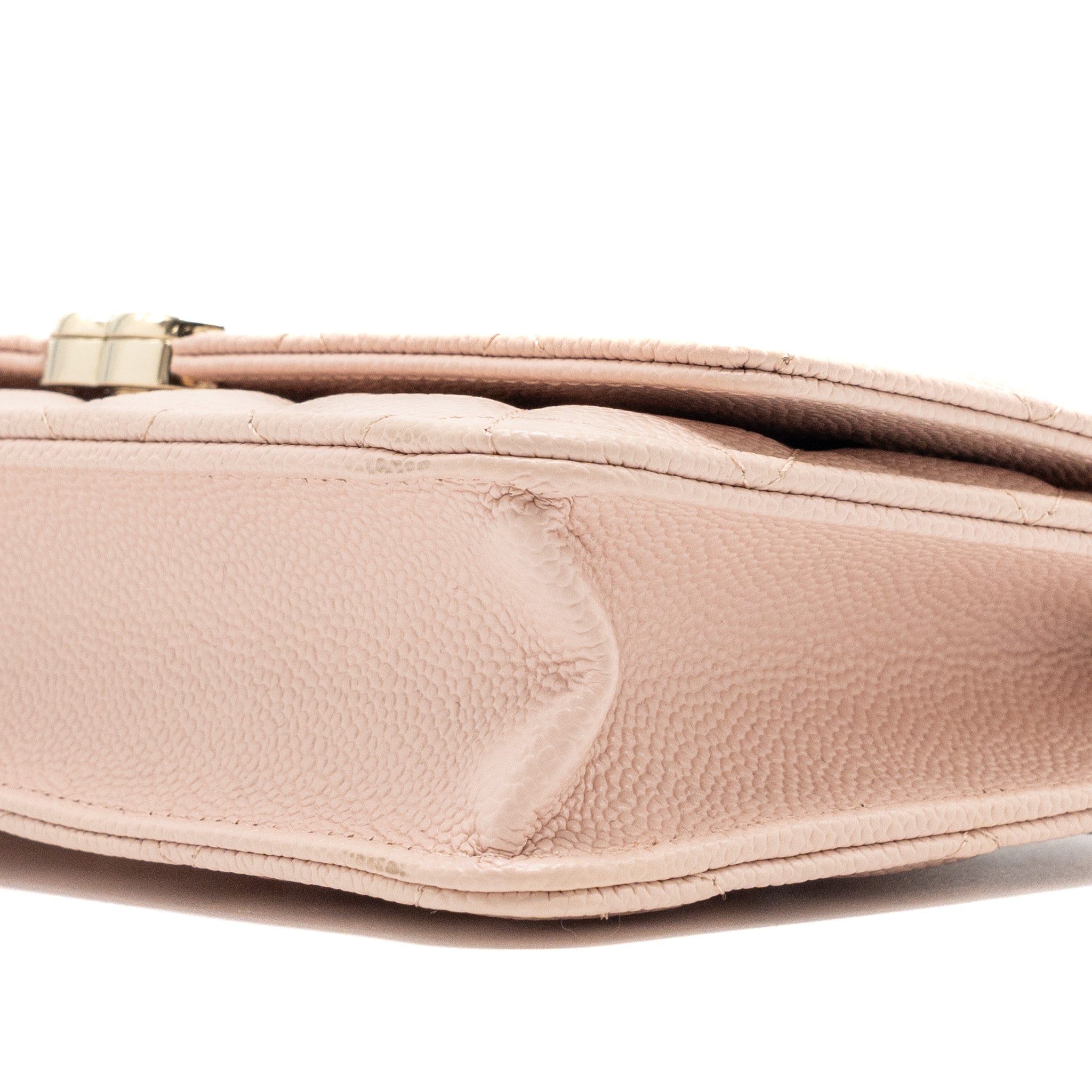 CHANEL ENAMEL LOGO QUILTED WALLET ON CHAIN CAVIAR LIGHT PINK LGHW