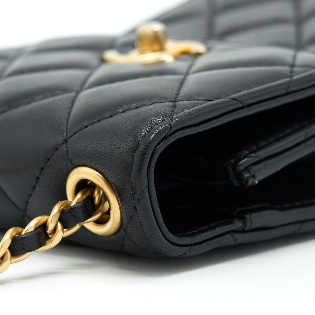 CHANEL PEARL CRUSH PHONE CASE WITH CHAIN LAMBSKIN BLACK GHW