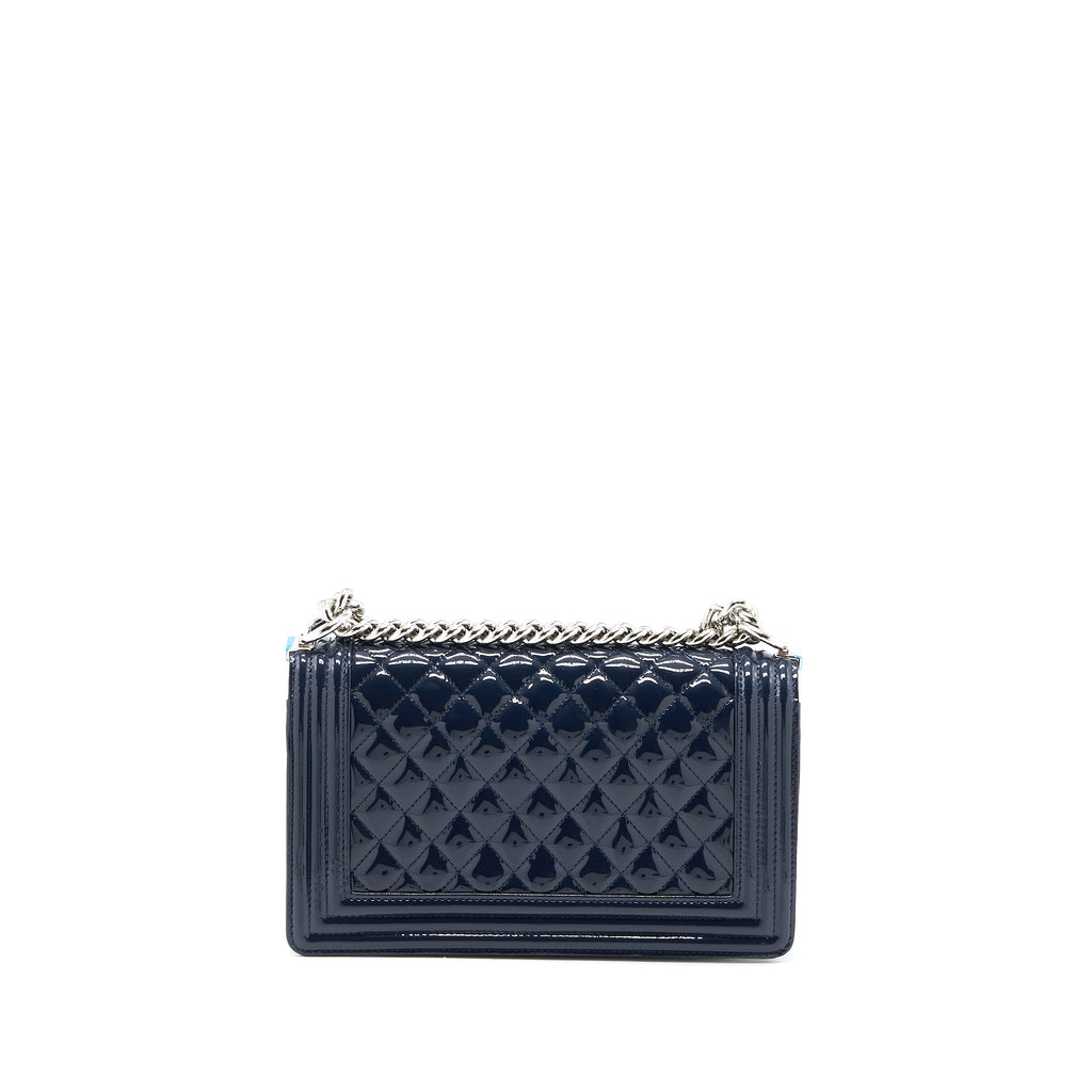 CHANEL MEDIUM BOY BAG PATENT NAVY SHW