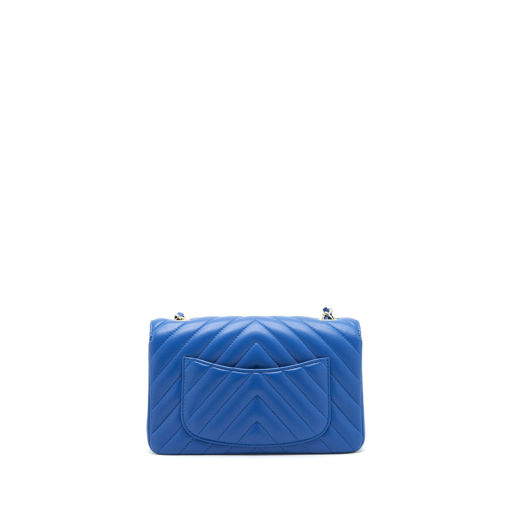 CHANEL MINI RECTANGULAR FLAP BAG CHEVRON LAMBSKIN BLUE LGHW