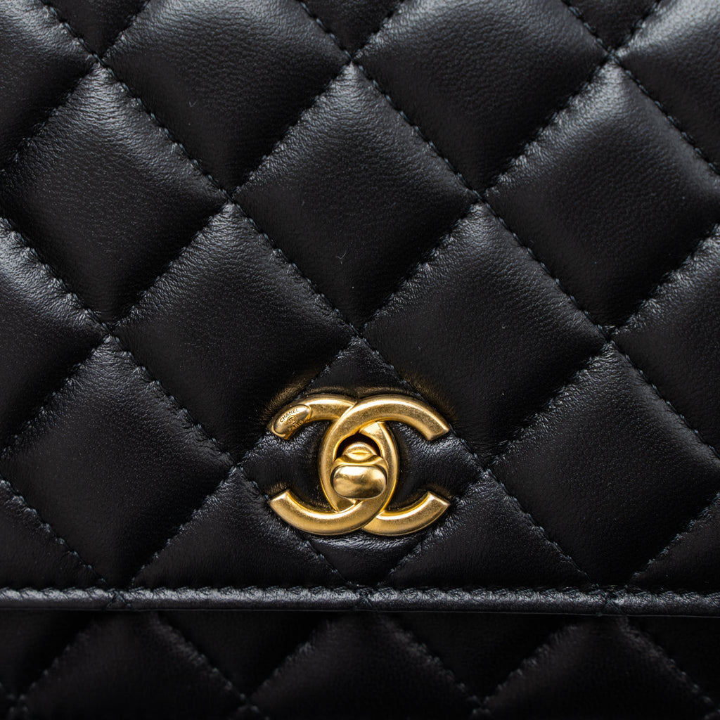 CHANEL PEARL CRUSH WALLET ON CHAIN LAMBSKIN BLACK BRUSHED GHW (MICROCHIP)