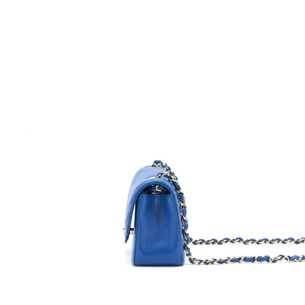 CHANEL MINI RECTANGULAR FLAP BAG CHEVRON LAMBSKIN BLUE LGHW