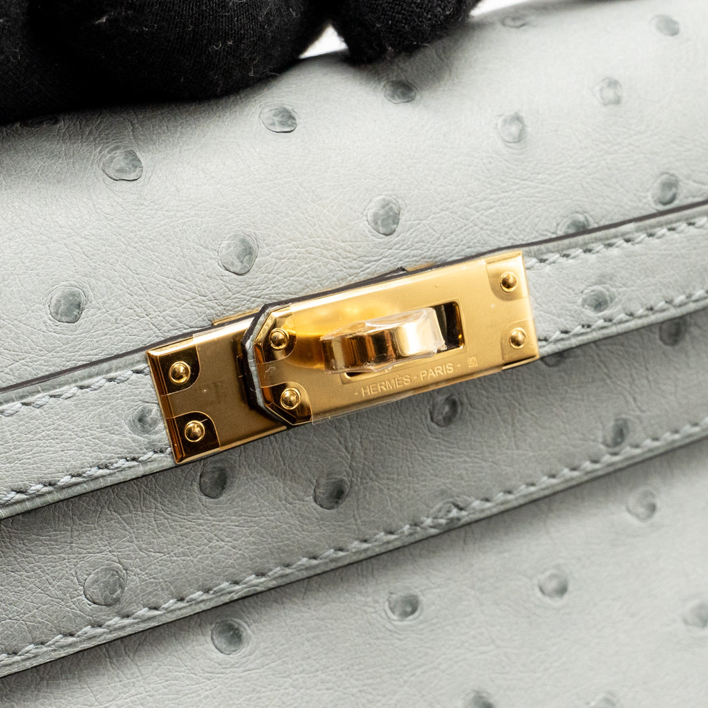 HERMES KELLY POCHETTE OSTRICH BLEU GLACIER GHW