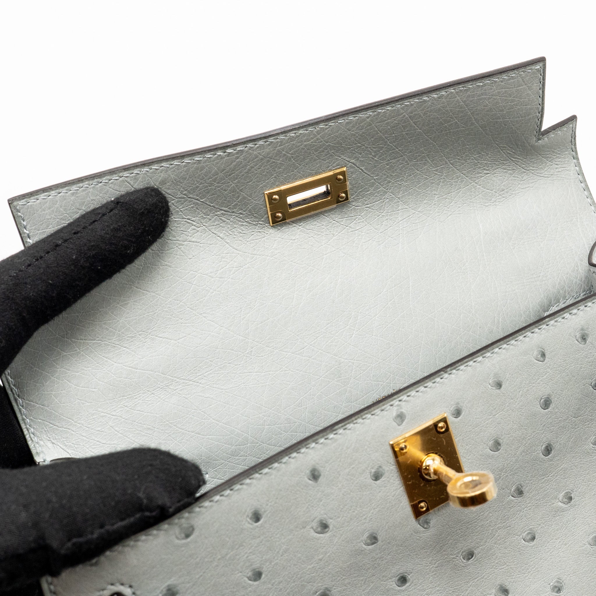 HERMES KELLY POCHETTE OSTRICH BLEU GLACIER GHW