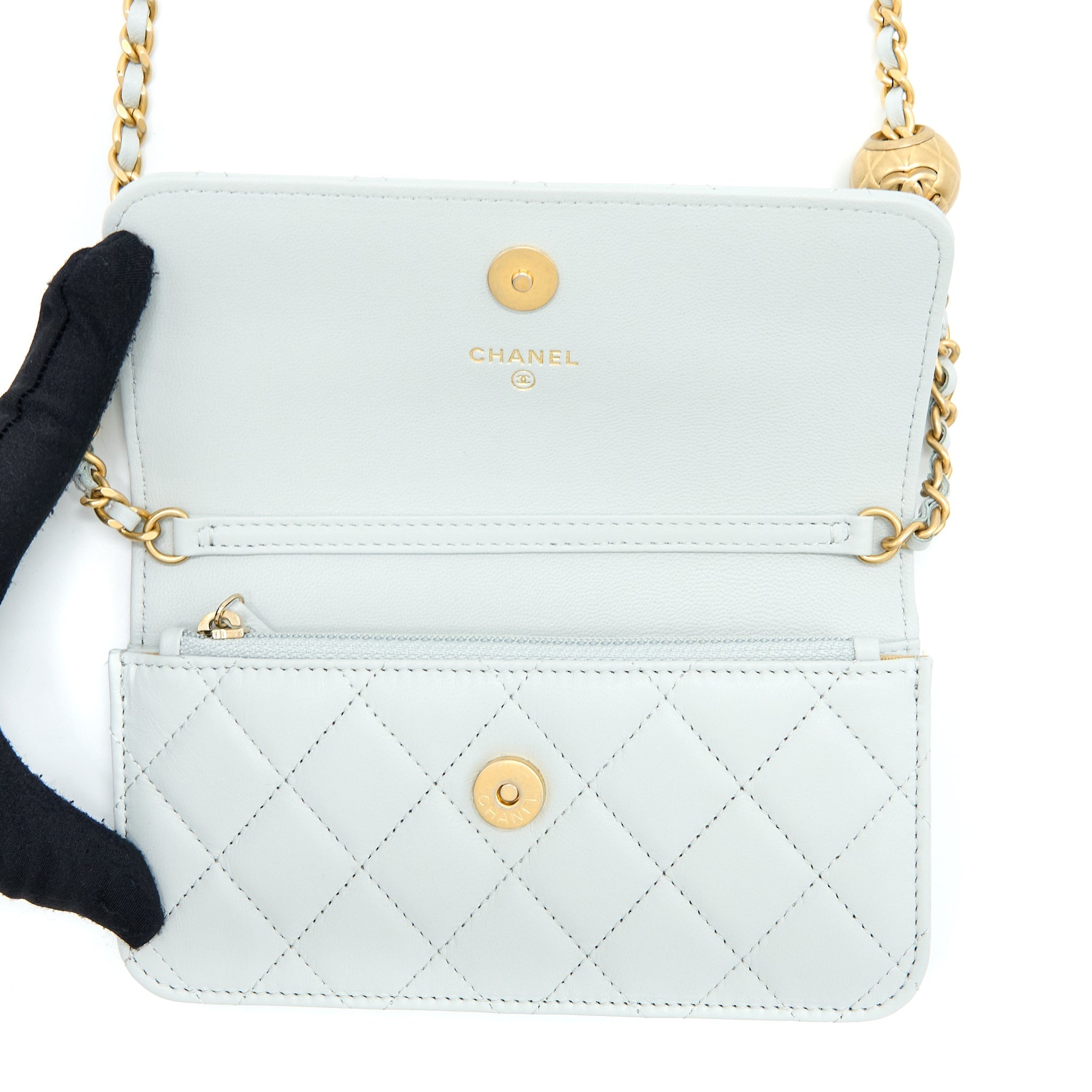 CHANEL 23C PEARL CRUSH MINI FLAP BAG LAMBSKIN LIGHT GREY BRUSHED GHW (MICROCHIP)