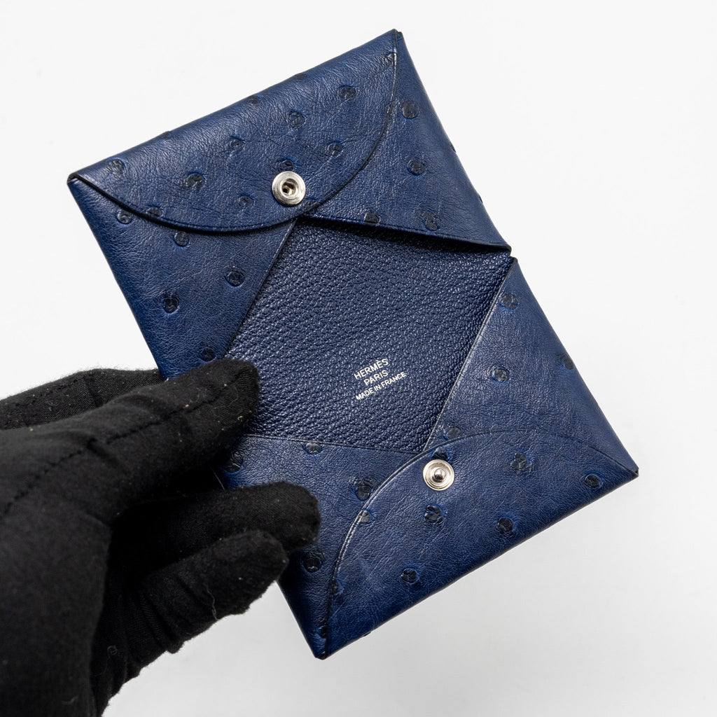 HERMES CALVI CARDHOLDER OSTRICH NAVY SHW