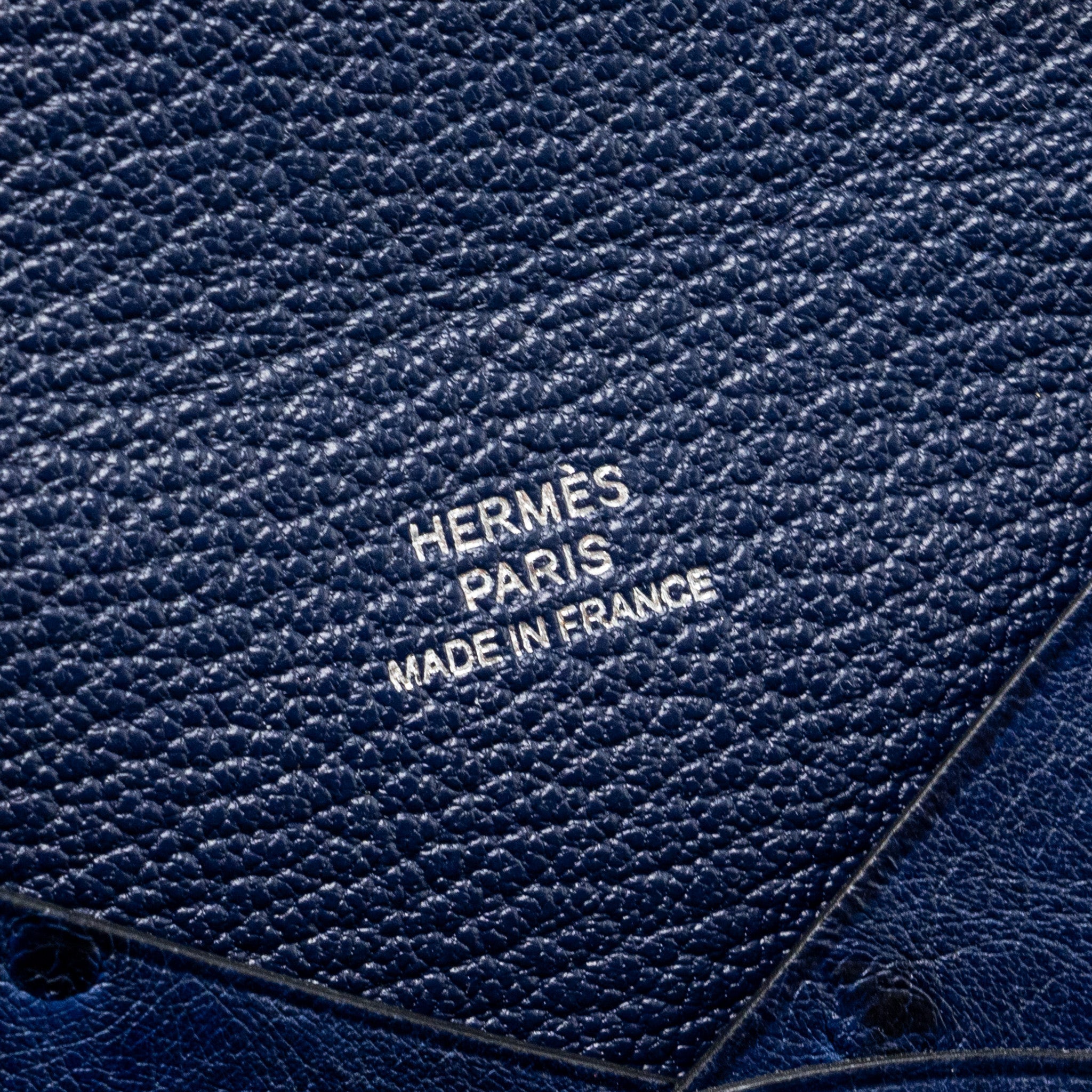 HERMES CALVI CARDHOLDER OSTRICH NAVY SHW
