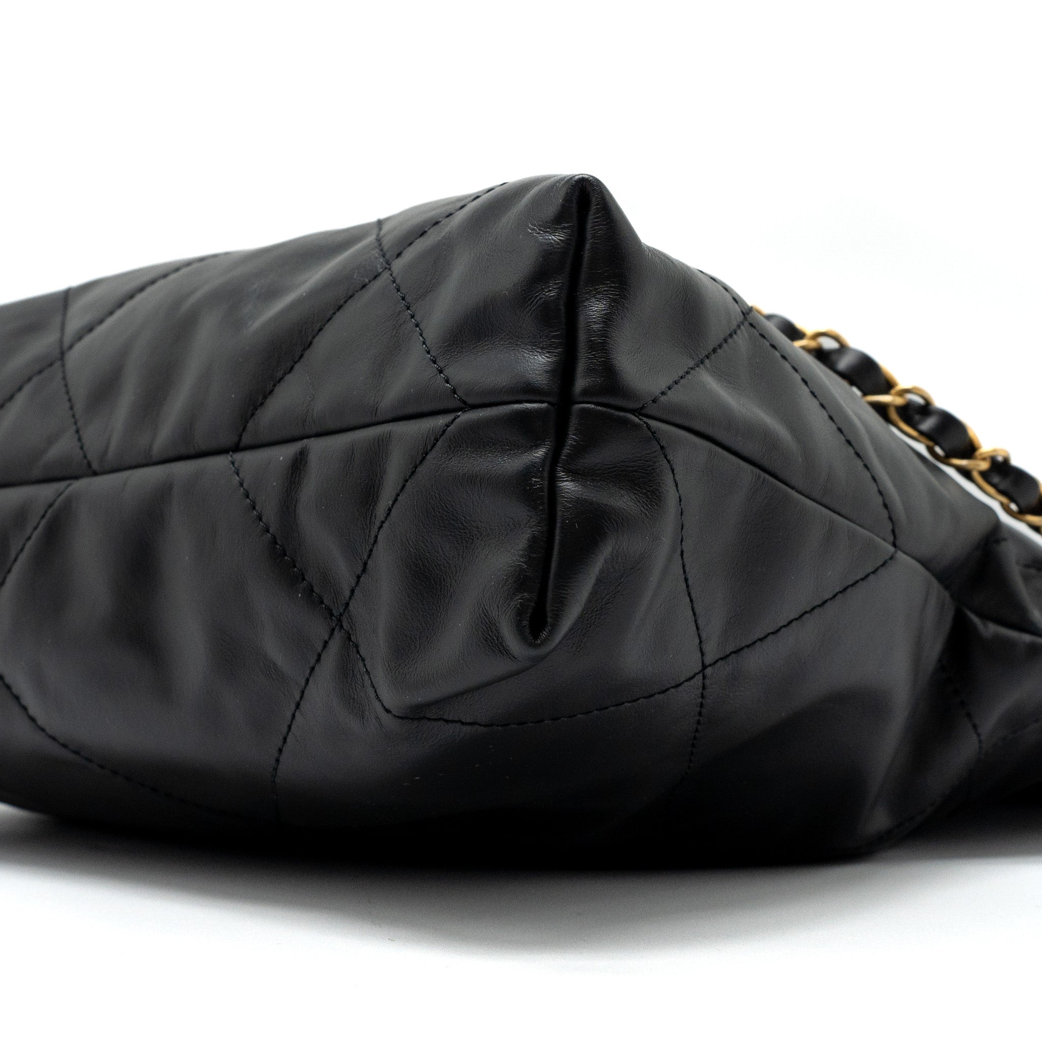 CHANEL SMALL 22 BAG WHITE LETTER SHINY CALFSKIN BLACK BRUSHED GHW (MICROCHIP)