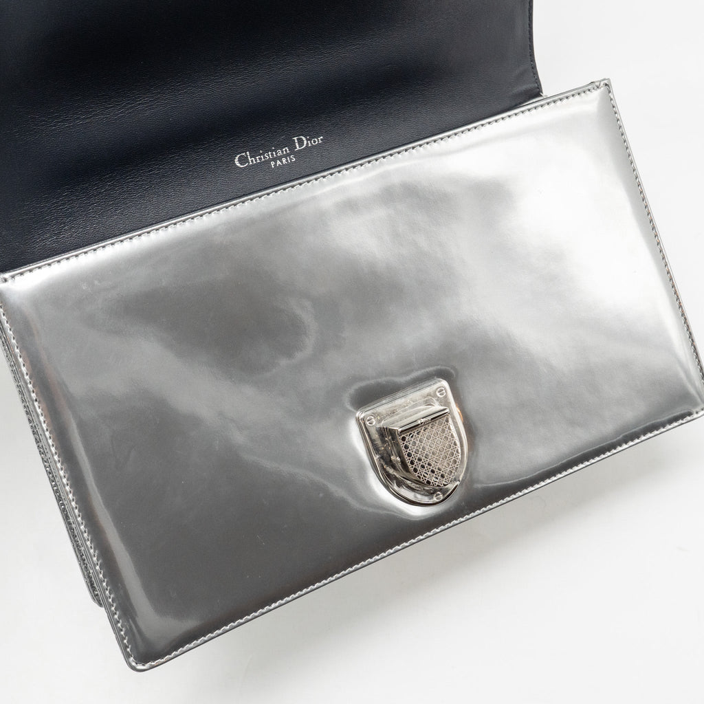 DIOR DIORAMA FLAP BAG PATENT MICRO-CANNAGE LEATHER METALLIC SILVER SHW
