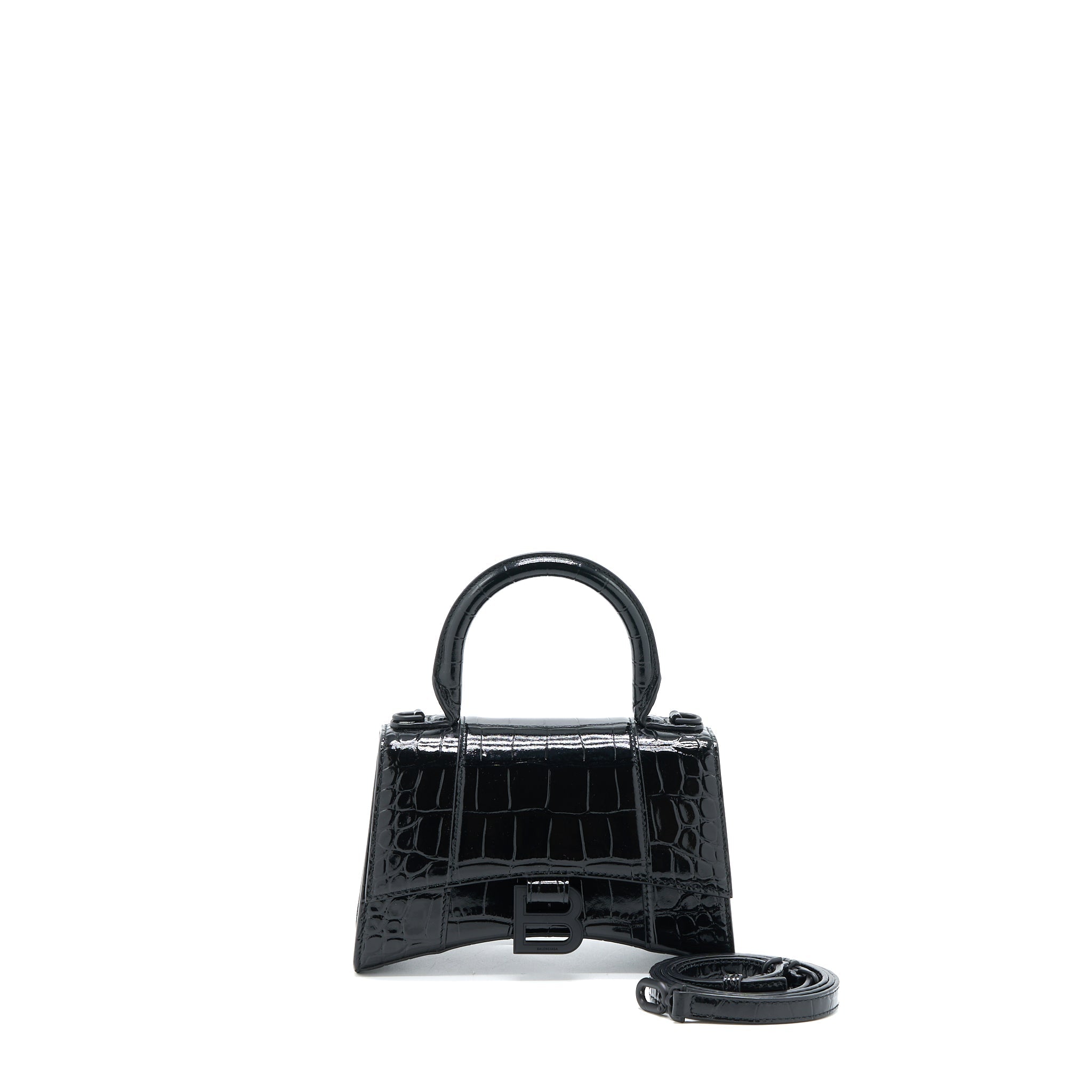 BALENCIAGA HOURGLASS XS CROC-EMBOSSED LEATHER BLACK WITH BLACK HARDWARE