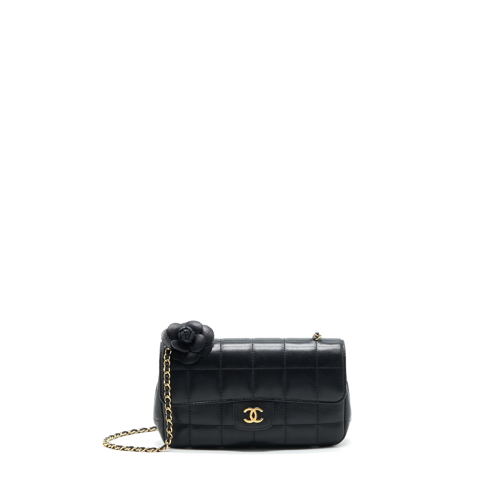 CHANEL CAMELLIA MINI FLAP SHOULDER BAG LAMBSKIN BLACK GHW