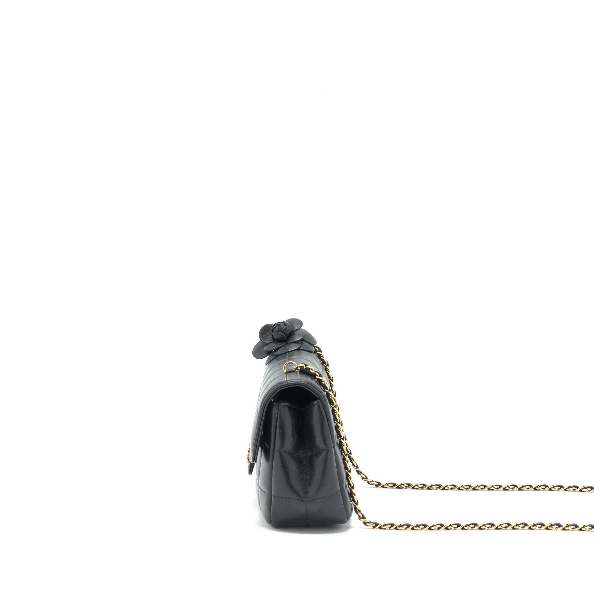 CHANEL CAMELLIA MINI FLAP SHOULDER BAG LAMBSKIN BLACK GHW