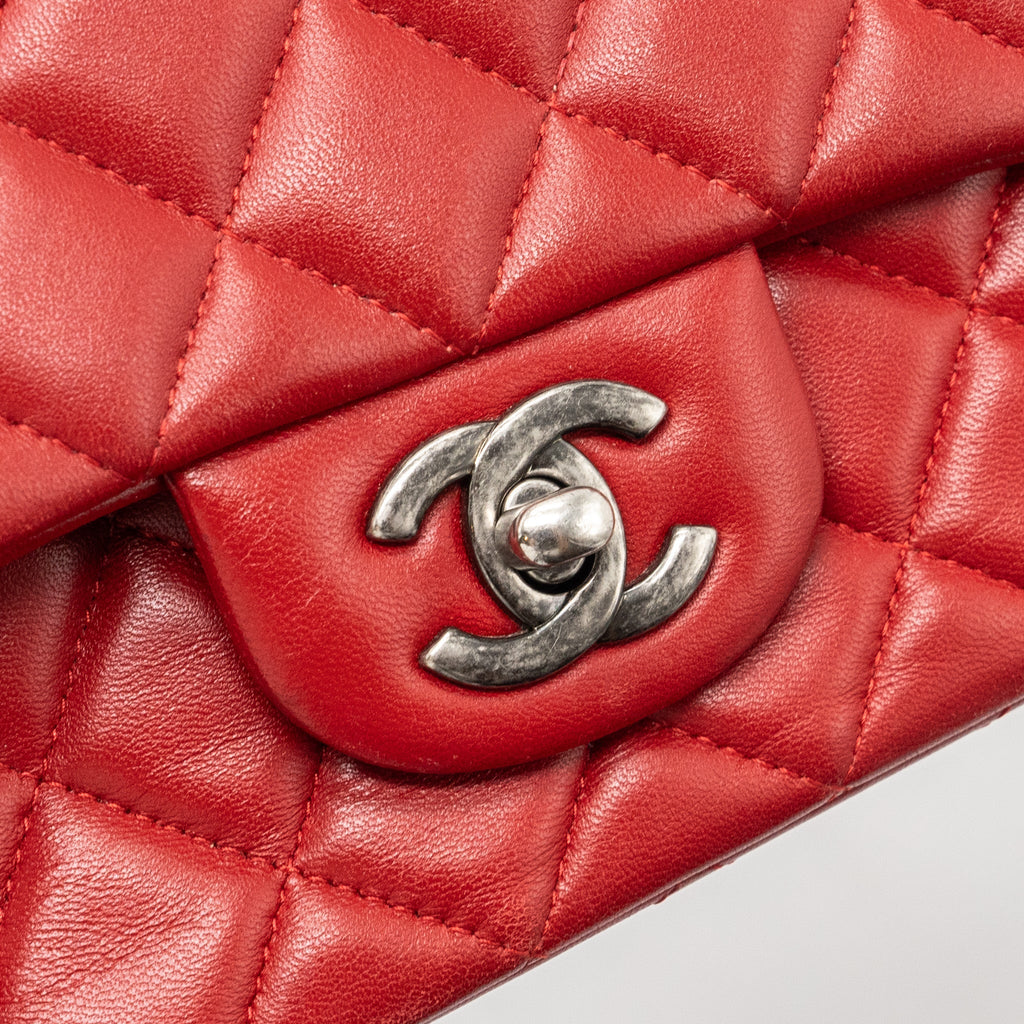 CHANEL CLASSIC MINI RECTANGULAR FLAP BAG LAMBSKIN RED RUTHENIUM HARDWARE