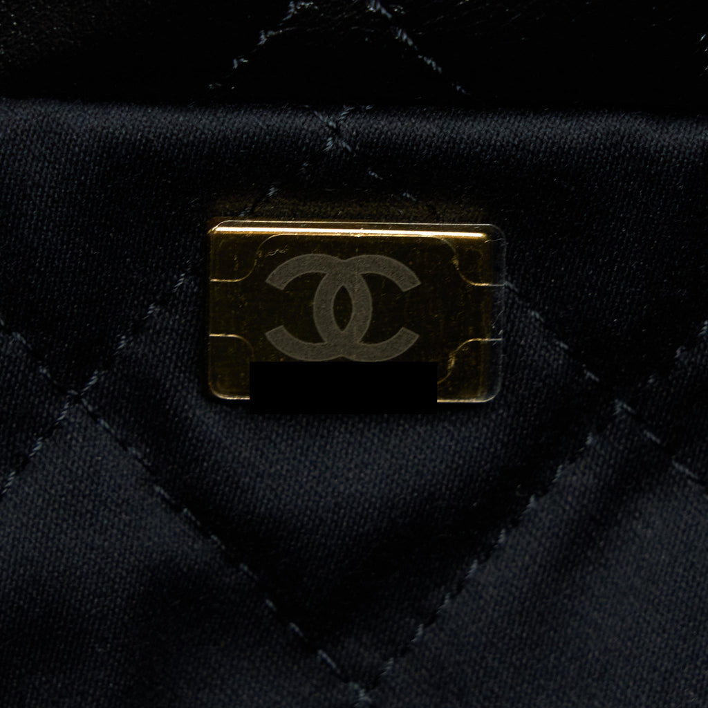 CHANEL 22 BAG MEDIUM SHINY CALFSKIN BLACK IN GOLD LETTER GHW (MICROCHIP)