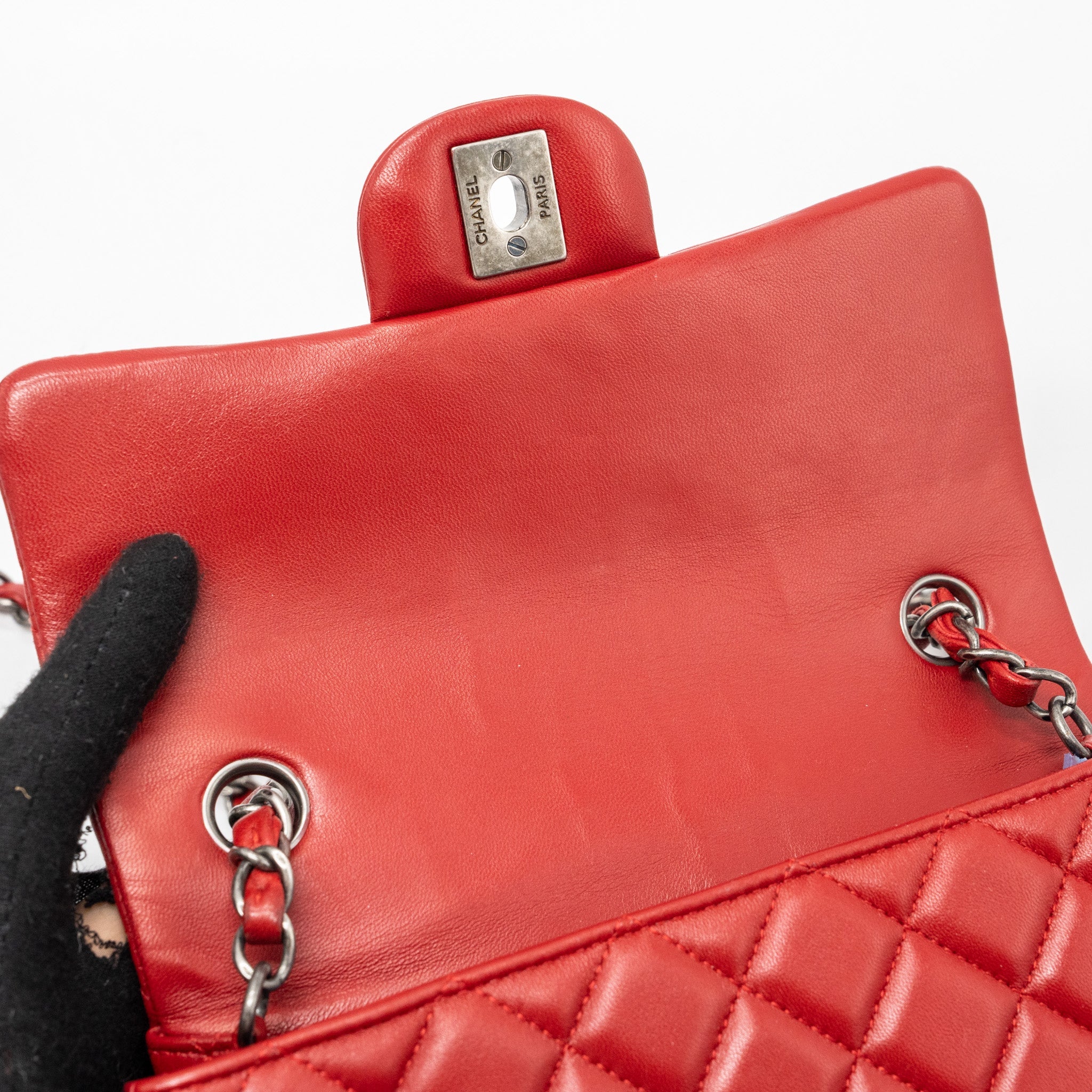 CHANEL CLASSIC MINI RECTANGULAR FLAP BAG LAMBSKIN RED RUTHENIUM HARDWARE