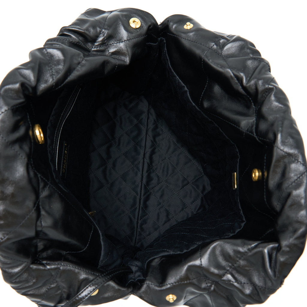 CHANEL 22 BAG MEDIUM SHINY CALFSKIN BLACK IN GOLD LETTER GHW (MICROCHIP)