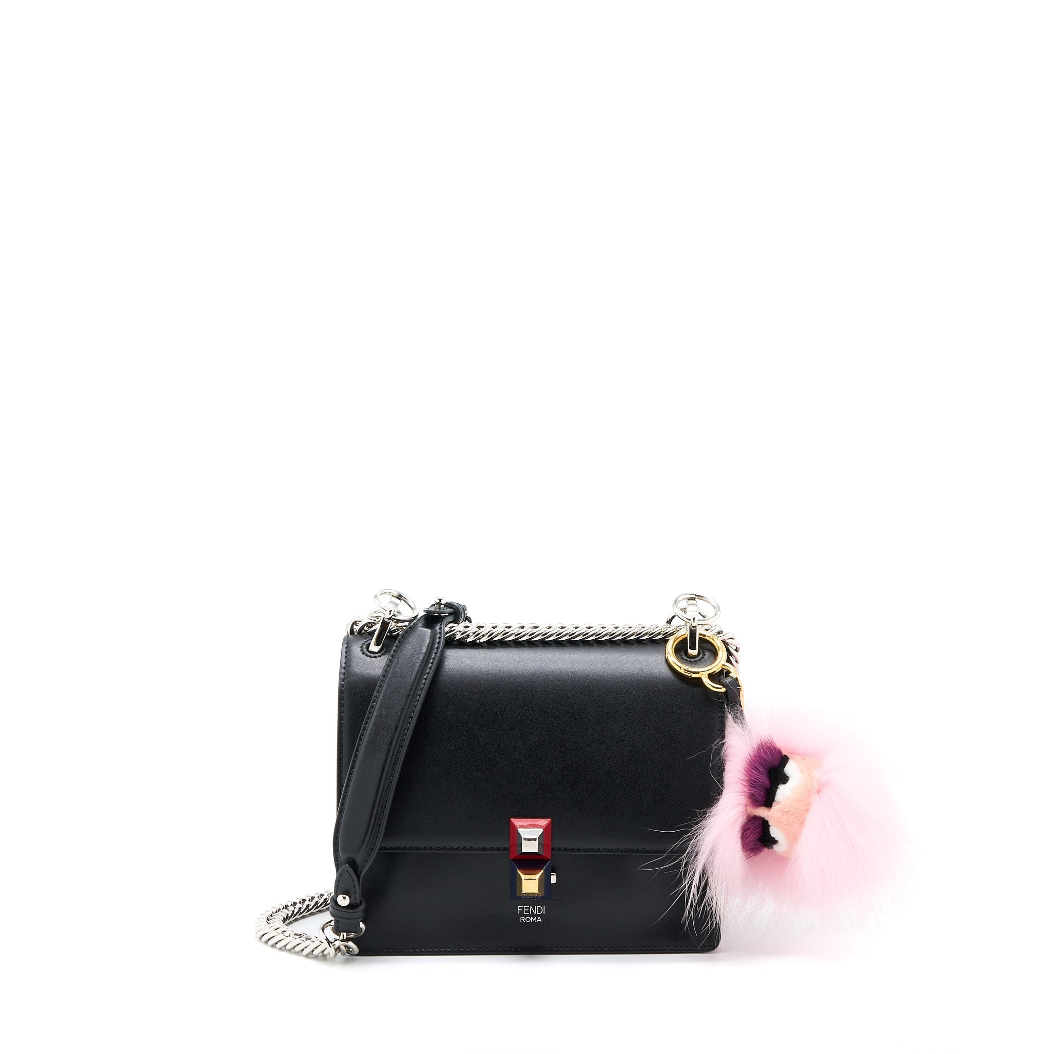FENDI KAN I CALFSKIN BLACK SHW WITH AN EXTRA BAG CHARM