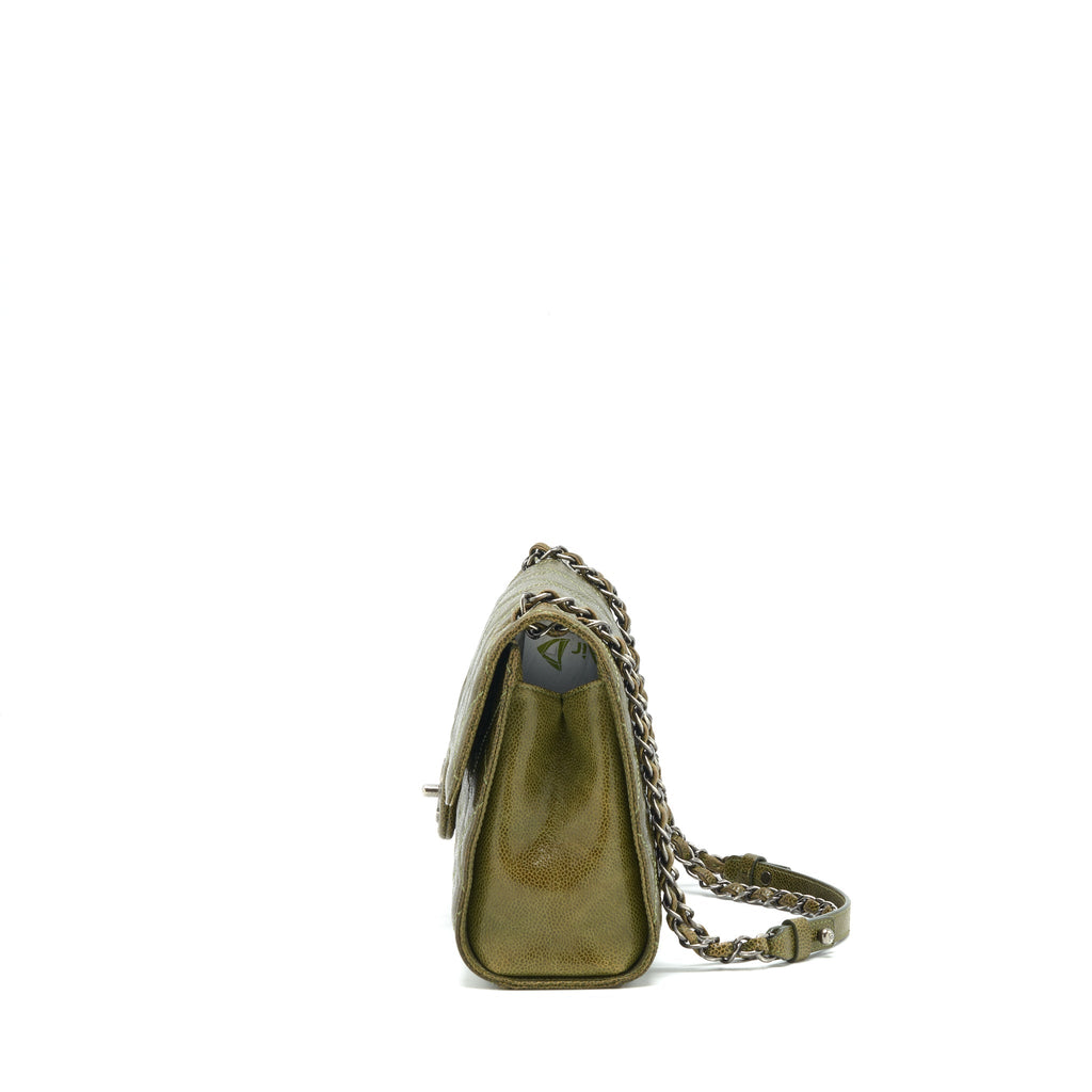 CHANEL QUILTED GRAINED CALFSKIN FLAP BAG OLIVE GREEN RUTHENIUM HARDWARE