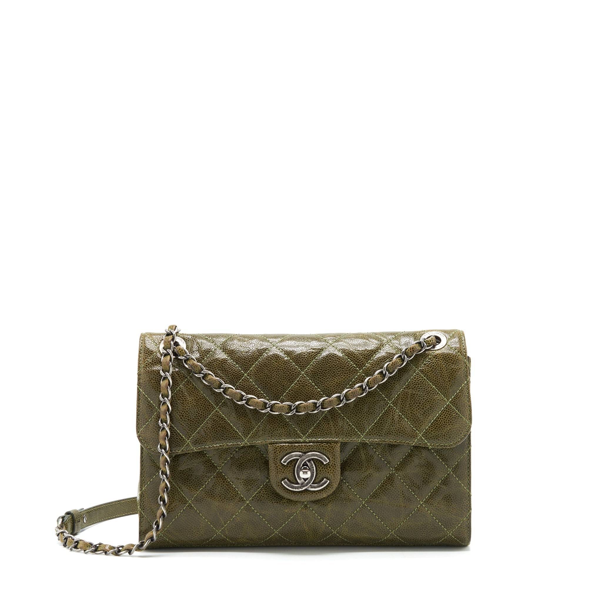 CHANEL QUILTED GRAINED CALFSKIN FLAP BAG OLIVE GREEN RUTHENIUM HARDWARE