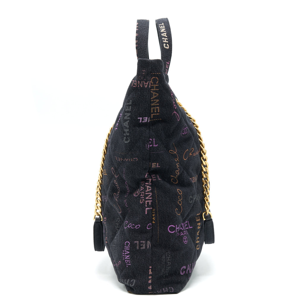 CHANEL 22P PRINTED DENIM MAXI SHOPPING TOTE BAG BLACK/MULTICOLOUR GHW