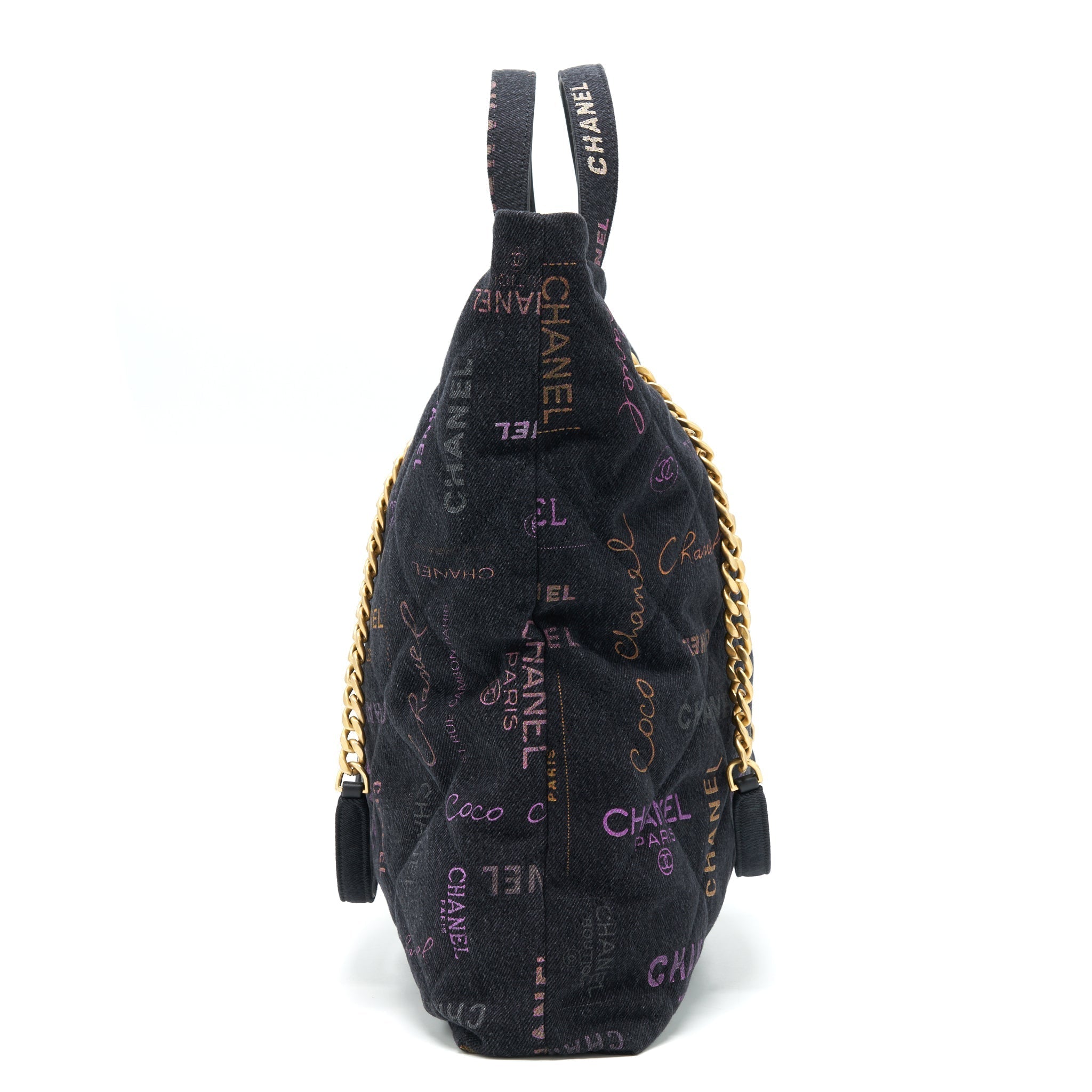 CHANEL 22P PRINTED DENIM MAXI SHOPPING TOTE BAG BLACK/MULTICOLOUR GHW