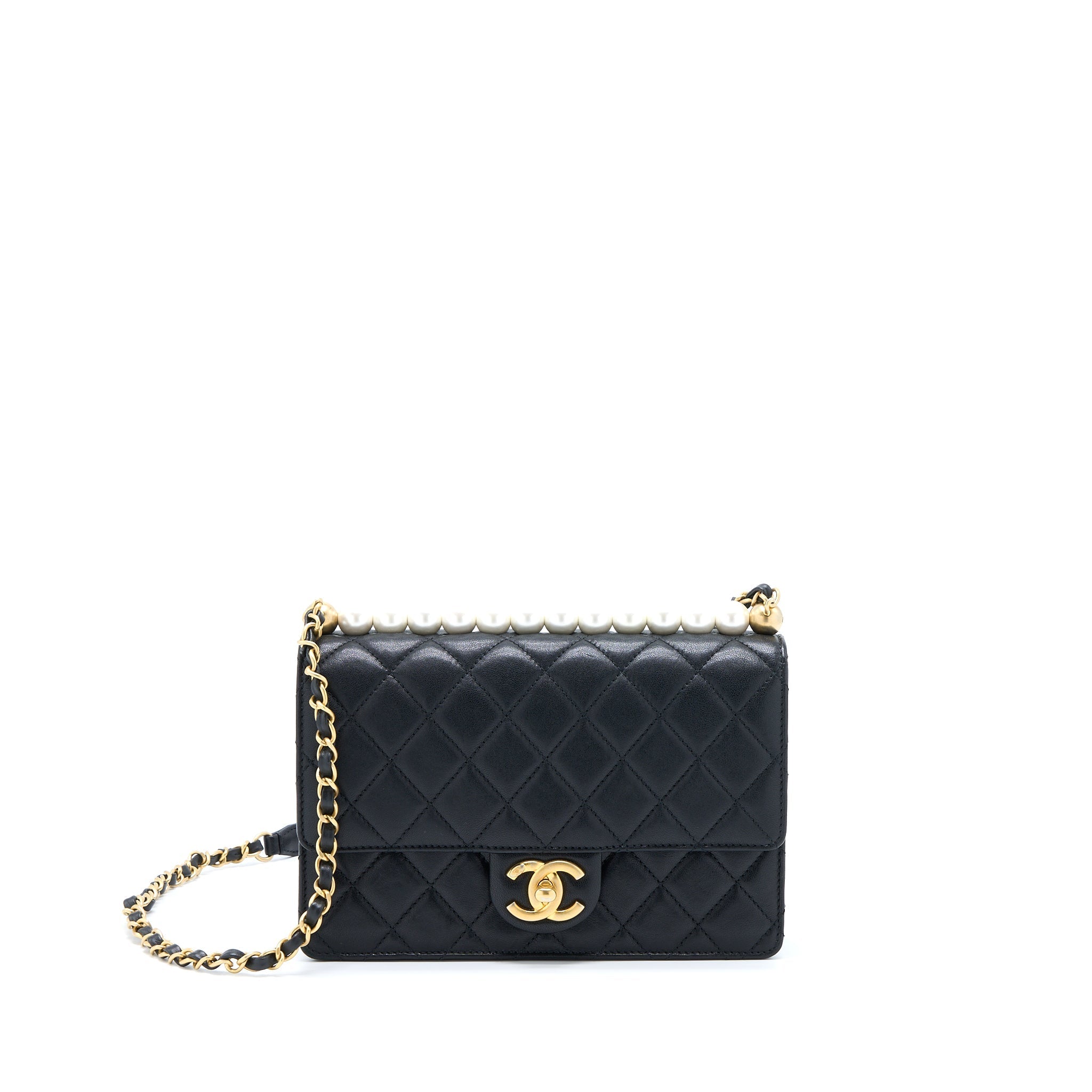 CHANEL QUILTED FLAP BAG WITH PEARL LAMBSKIN BLACK BRUSHED GHW