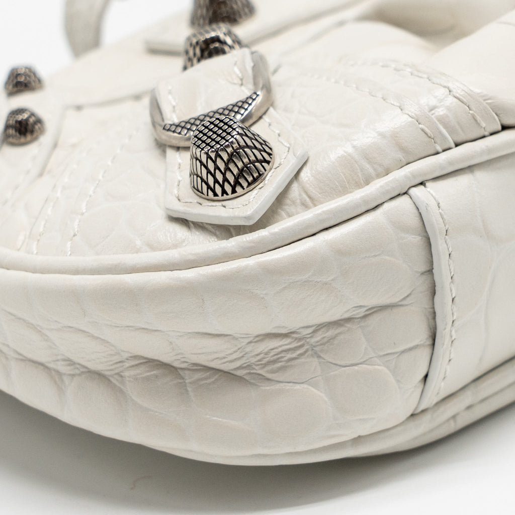 BALENCIAGA MINI LE CAGOLE SHOULDER BAG CROC-EMBOSSED CALFSKIN WHITE SHW