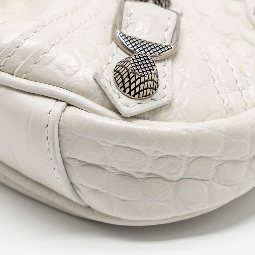 BALENCIAGA MINI LE CAGOLE SHOULDER BAG CROC-EMBOSSED CALFSKIN WHITE SHW
