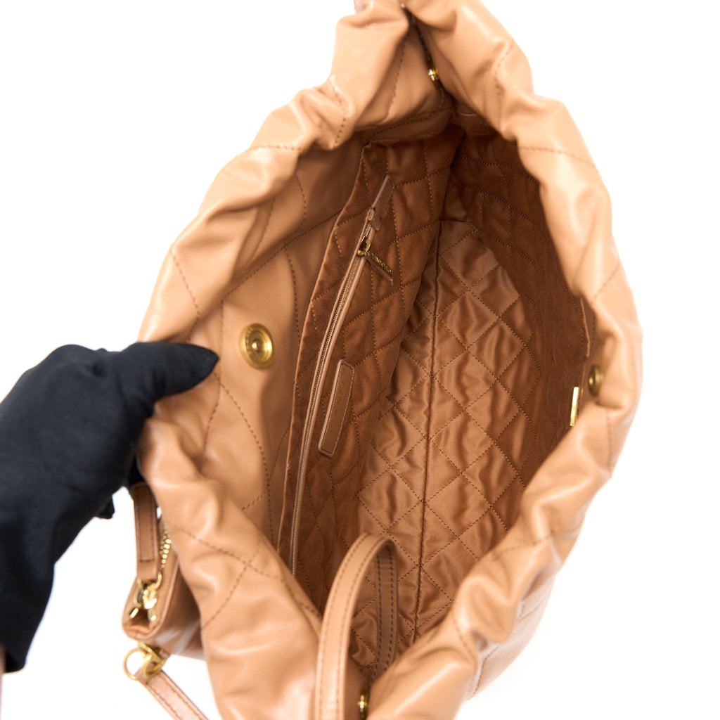 CHANEL SMALL 22 BAG SHINY CALFSKIN CARAMEL GHW (MICROCHIP)