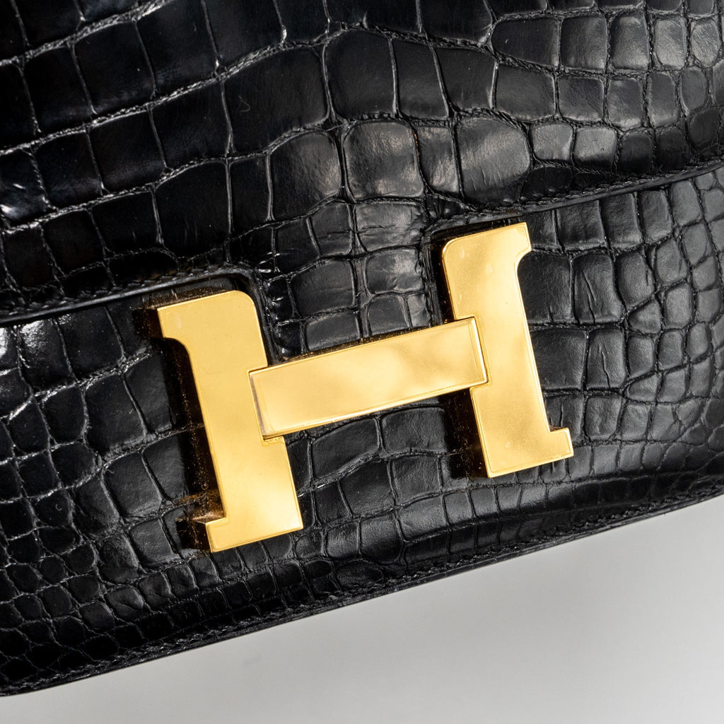HERMES MINI CONSTANCE SHINY ALLIGATOR MISSISSIPPIENSIS BLACK GHW