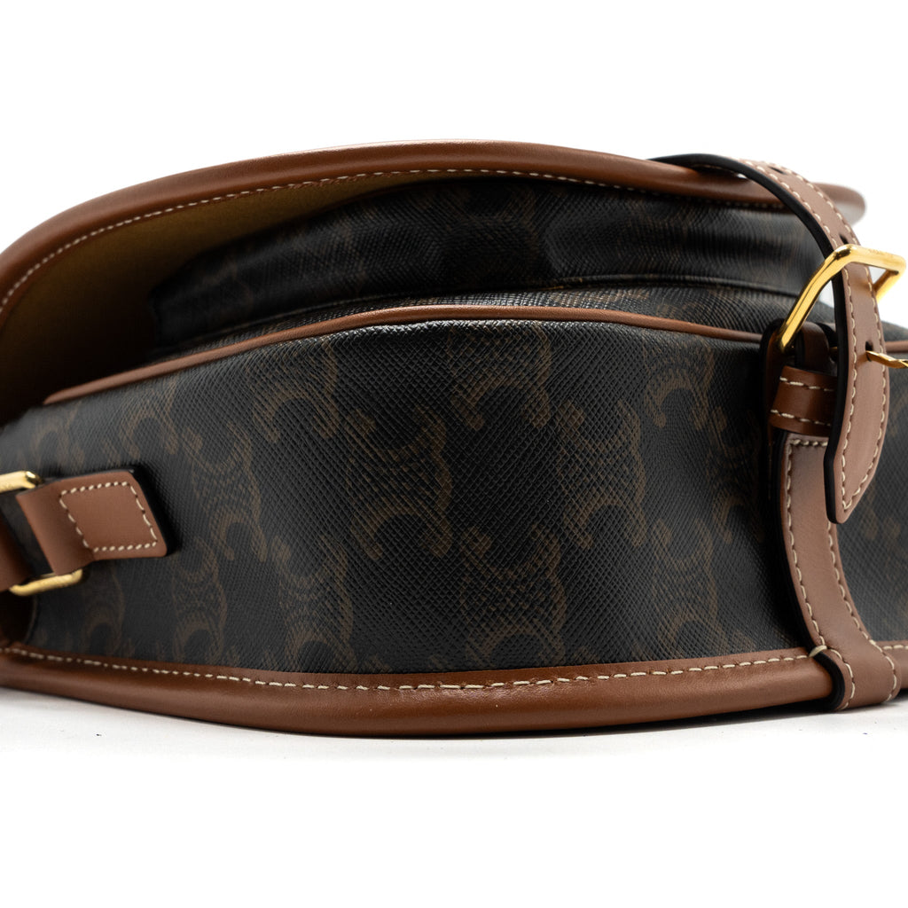 CELINE MEDIUM FOLCO BAG TRIOMPHE CANVAS AND CALFSKIN TAN GHW