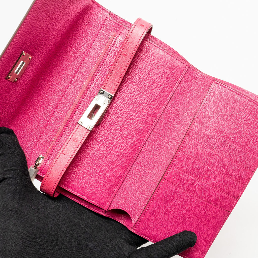 HERMES KELLY COMPACT WALLET OSTRICH ROSE TYRIEN SHW