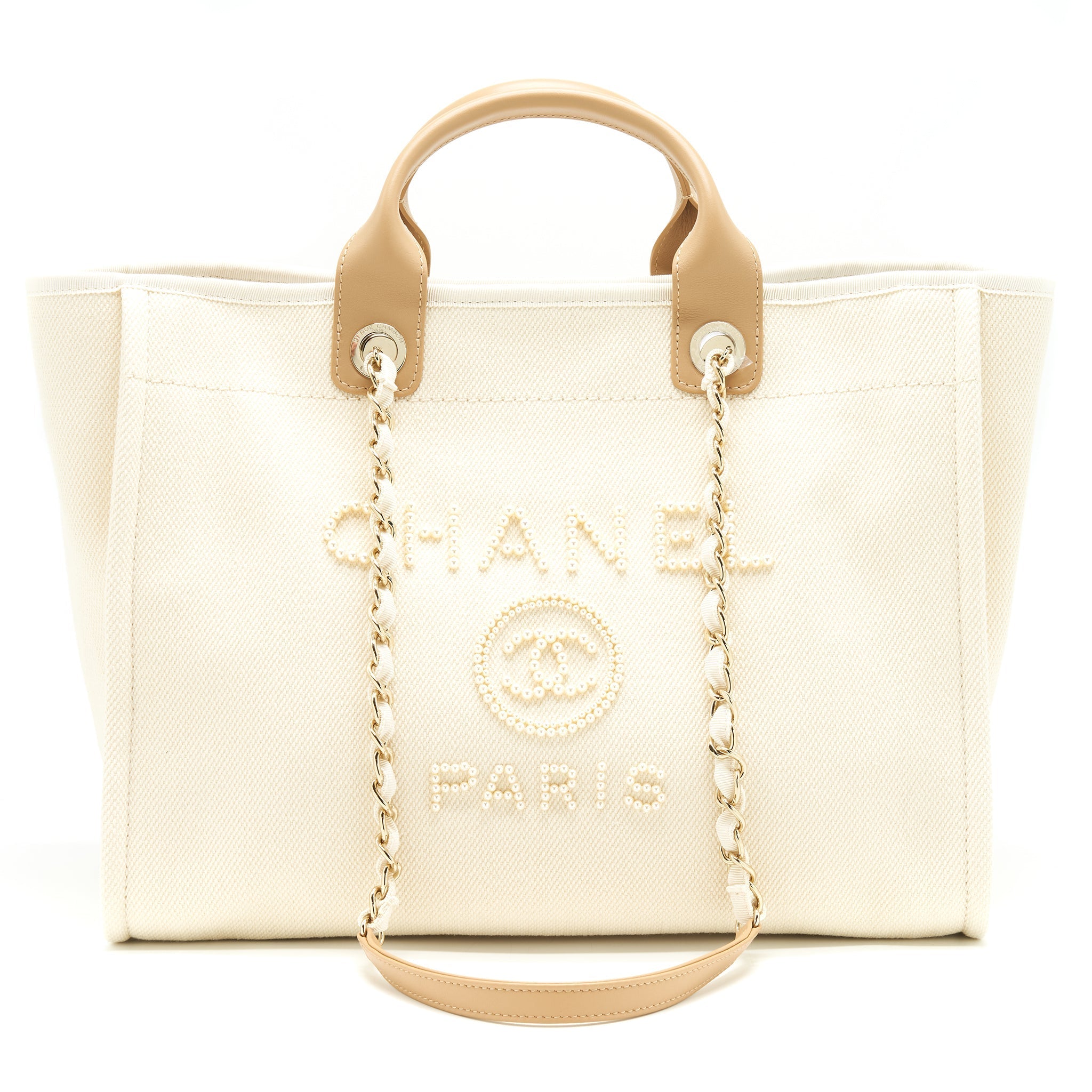 CHANEL DEAUVILLE TOTE BAG IN CREAMY WHITE/ BEIGE GHW