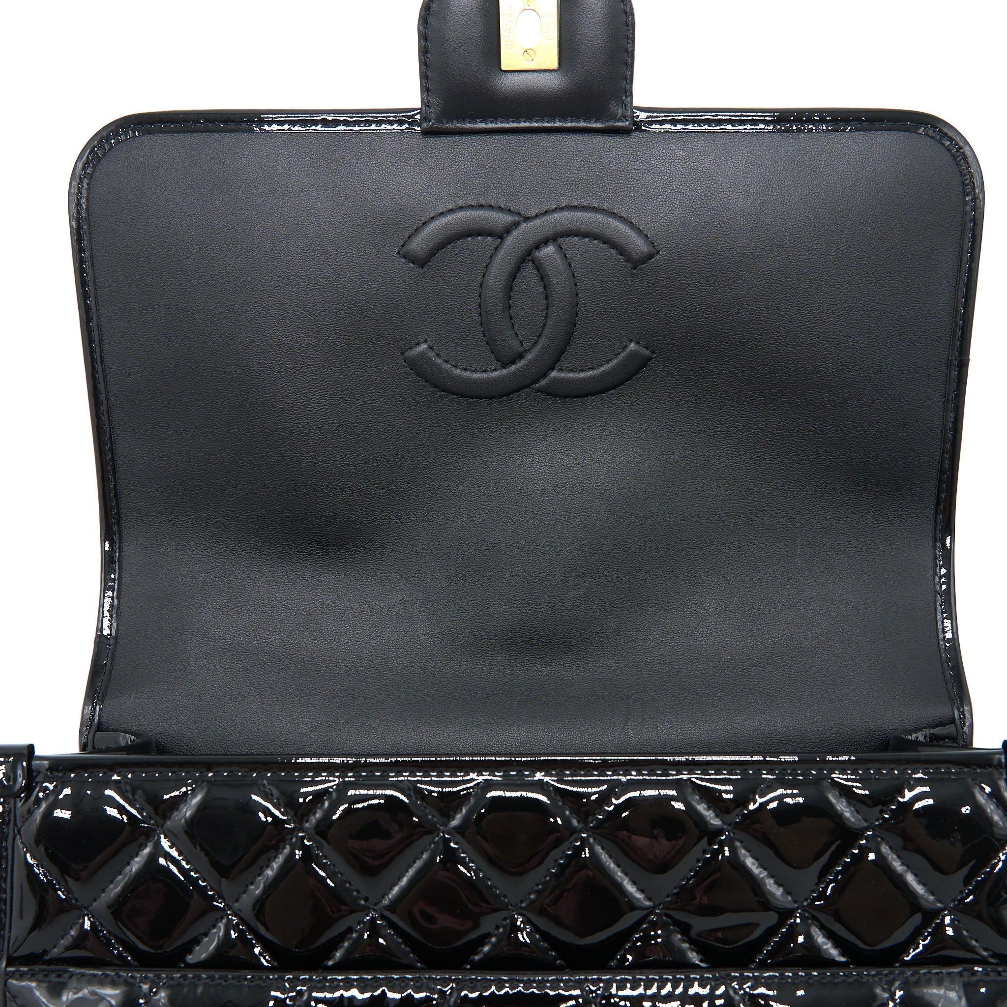 CHANEL 22K LARGE BACKPACK PATENT BLACK BRUSHED GHW (MICROCHIP)