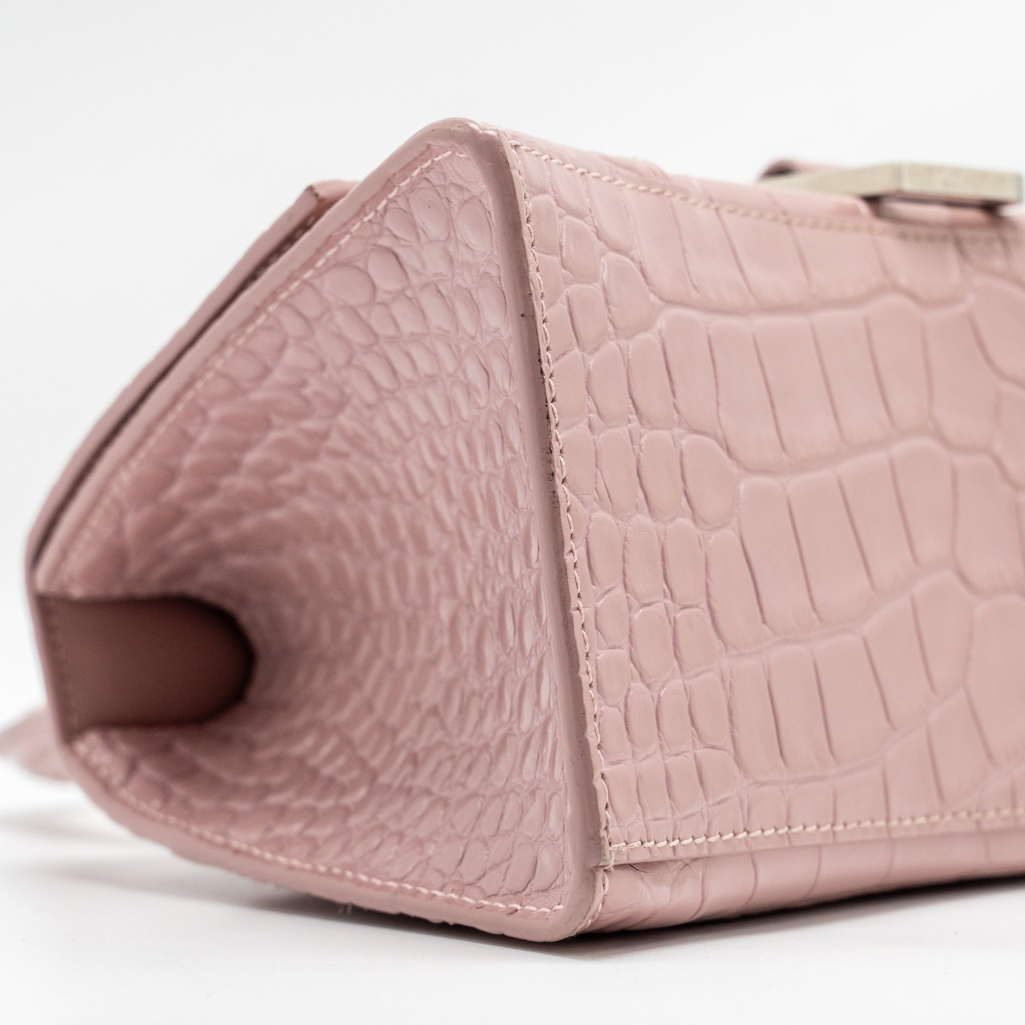 BALENCIAGA HOURGLASS S CROC-EMBOSSED CALFSKIN PINK SHW