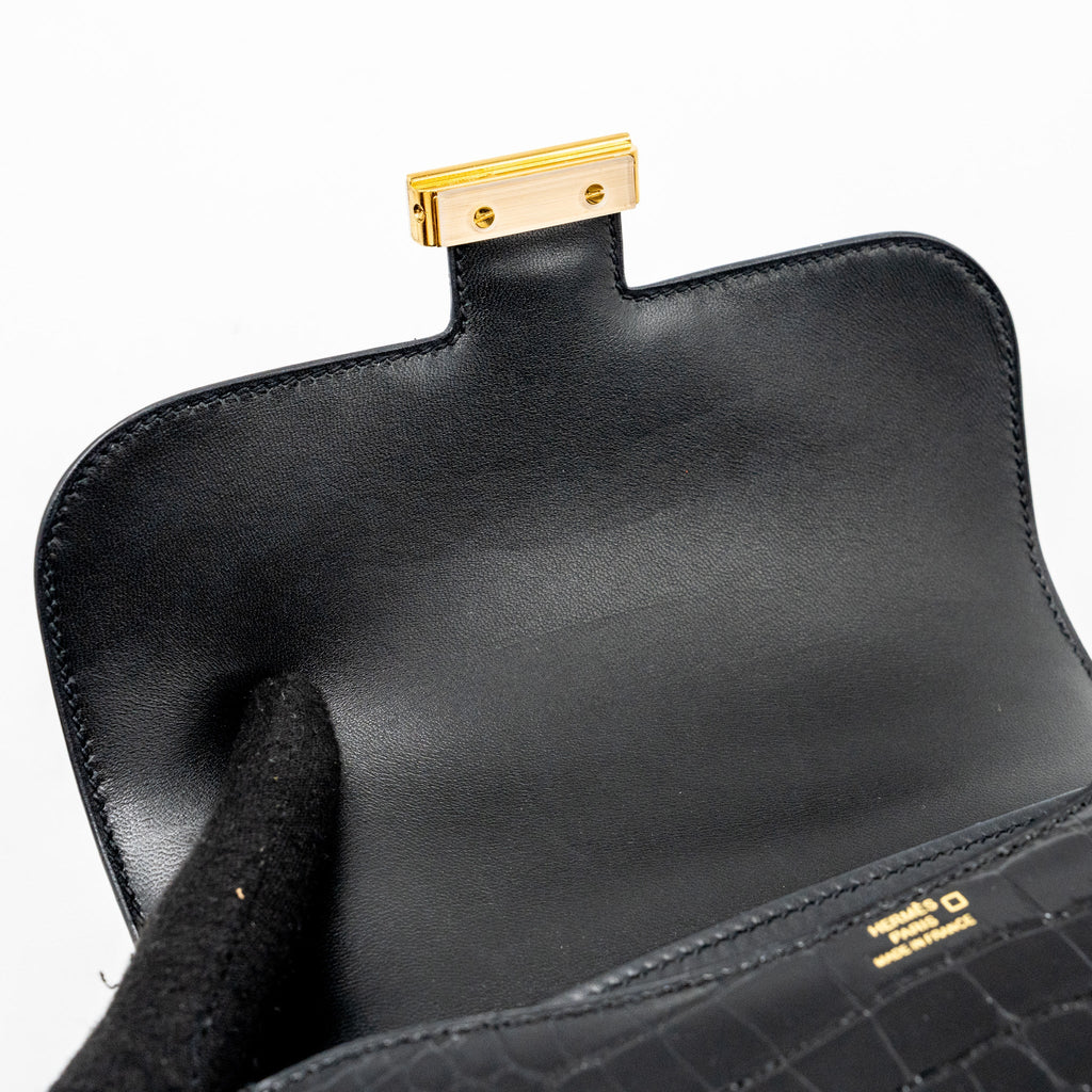 HERMES MINI CONSTANCE SHINY ALLIGATOR MISSISSIPPIENSIS BLACK GHW