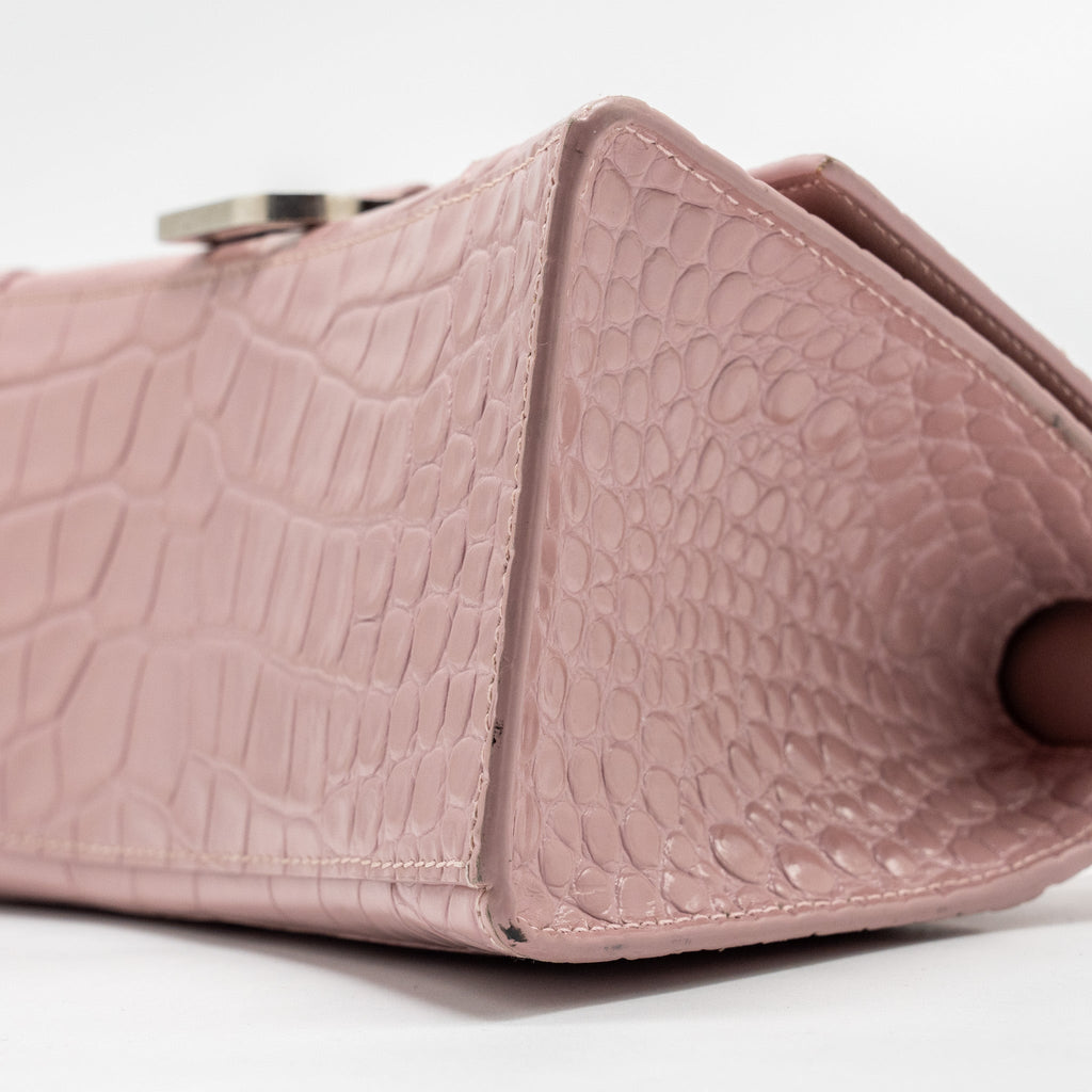 BALENCIAGA HOURGLASS S CROC-EMBOSSED CALFSKIN PINK SHW