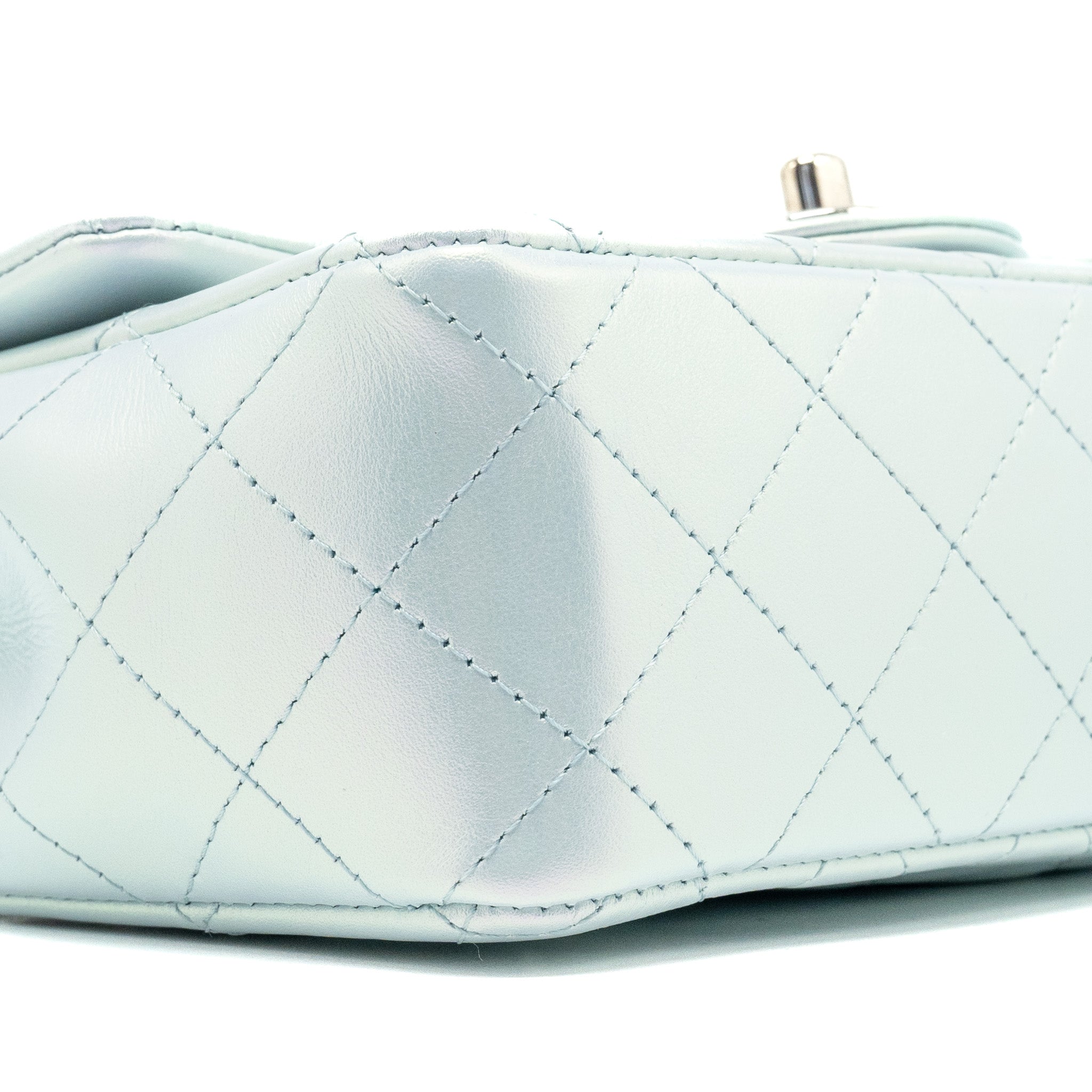 CHANEL 21K MINI RECTANGULAR FLAP BAG CALFSKIN IRIDESCENT LIGHT BLUE SHW (MICROCHIP)