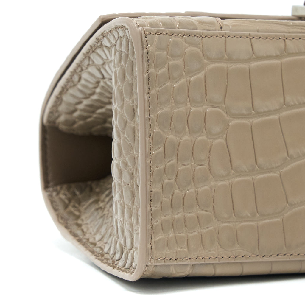 BALENCIAGA SMALL HOURGLASS BAG CRO EMBOSSED CALFSKIN DARK BEIGE SHW