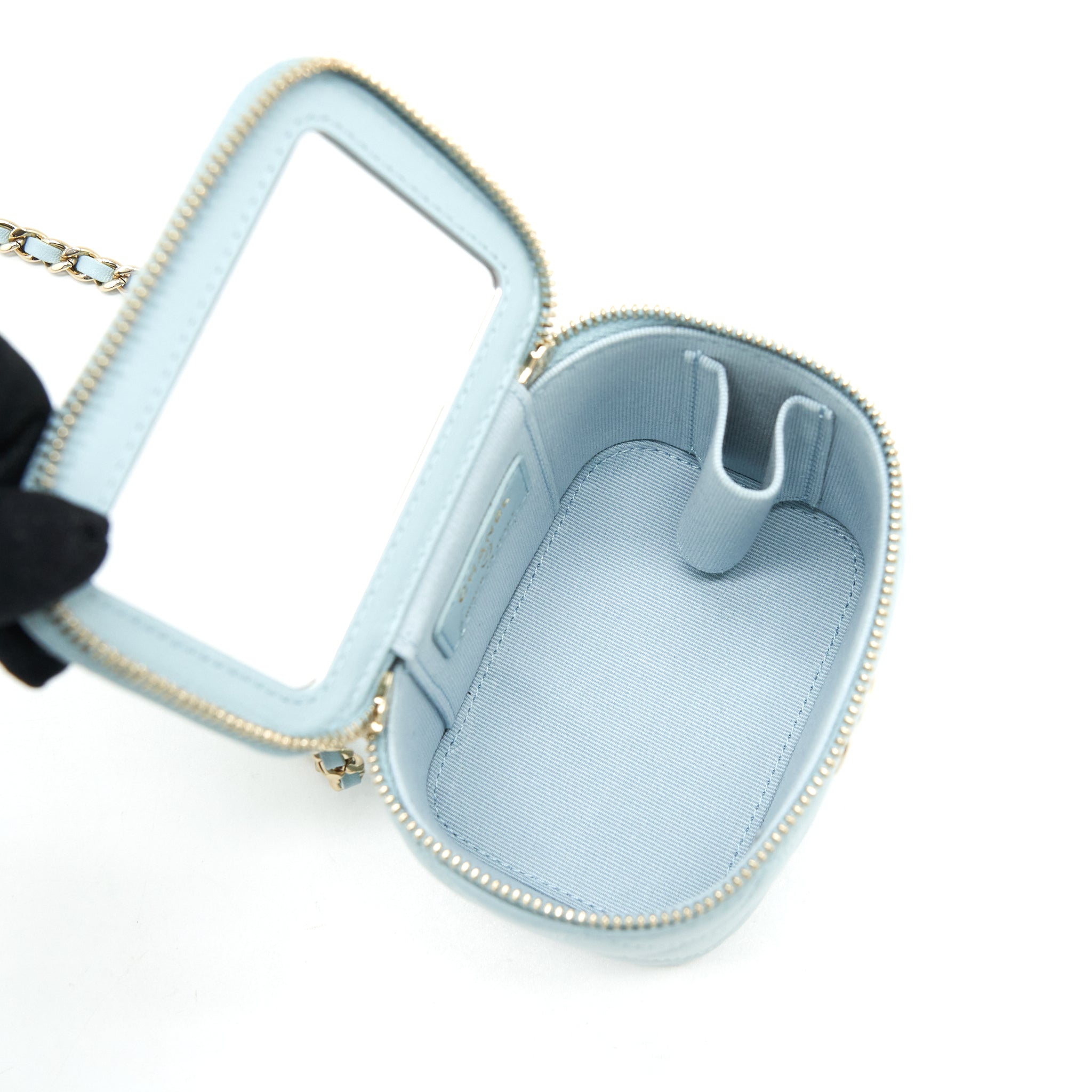 CHANEL 22P TOP HANDLE MINI VANITY WITH CHAIN LAMBSKIN NG752 LIGHT BLUE LGHW